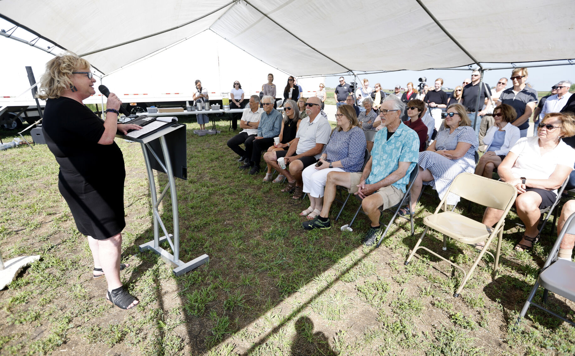 Sheila Tegeler, Dyersville Area Community Foundation board chair, speaks during a press conference at the future site of Michael and Jean Knepper Child Care Center in Dyersville, Iowa, on Thursday, Aug. 17, 2023.    PHOTO CREDIT: JESSICA REILLY
