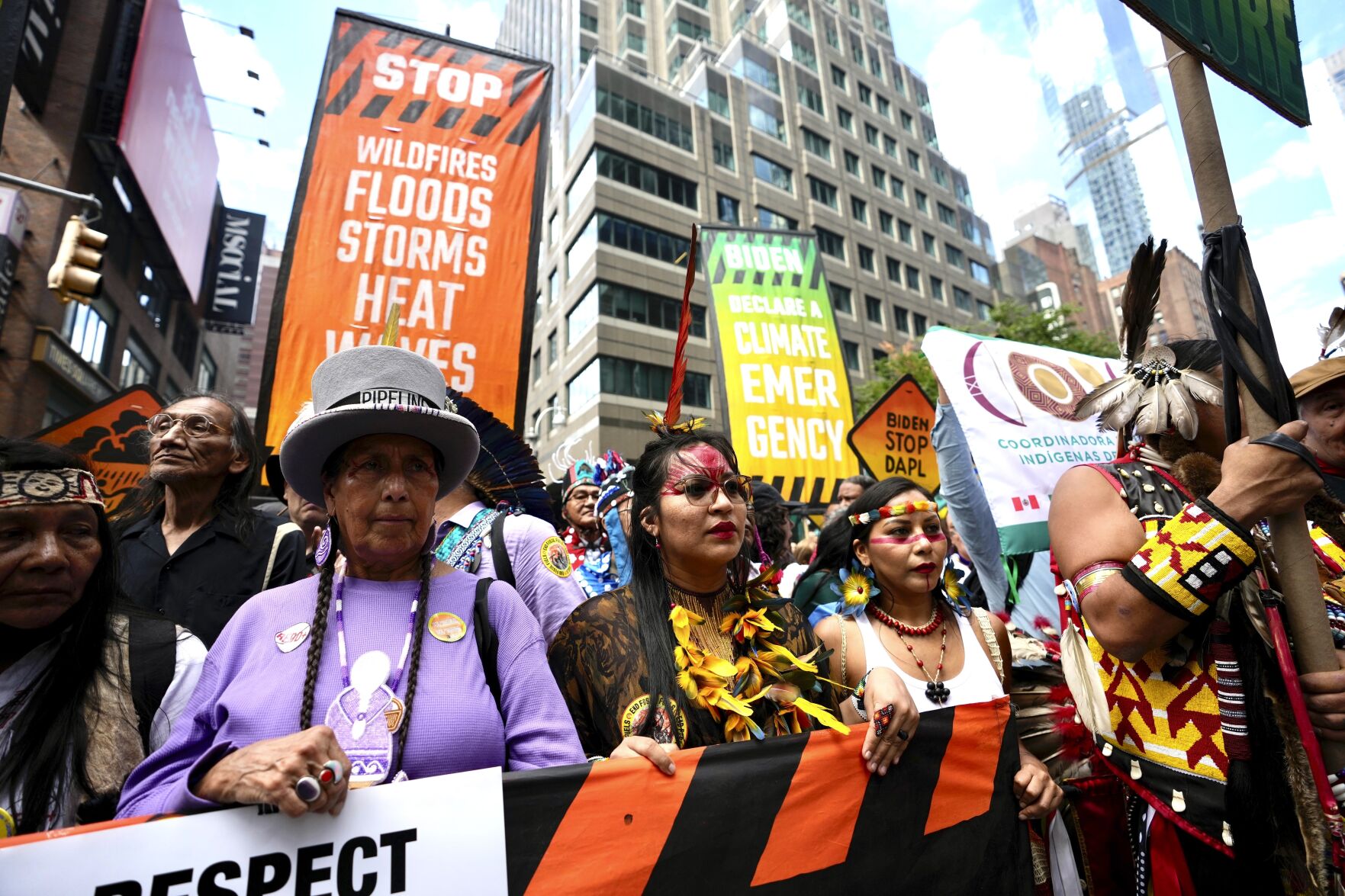 Climate activists march protesting energy policies and the use of fossil fuels, in New York, Sunday, Sept. 17, 2023. (AP Photo / Bryan Woolston)    PHOTO CREDIT: Associated Press