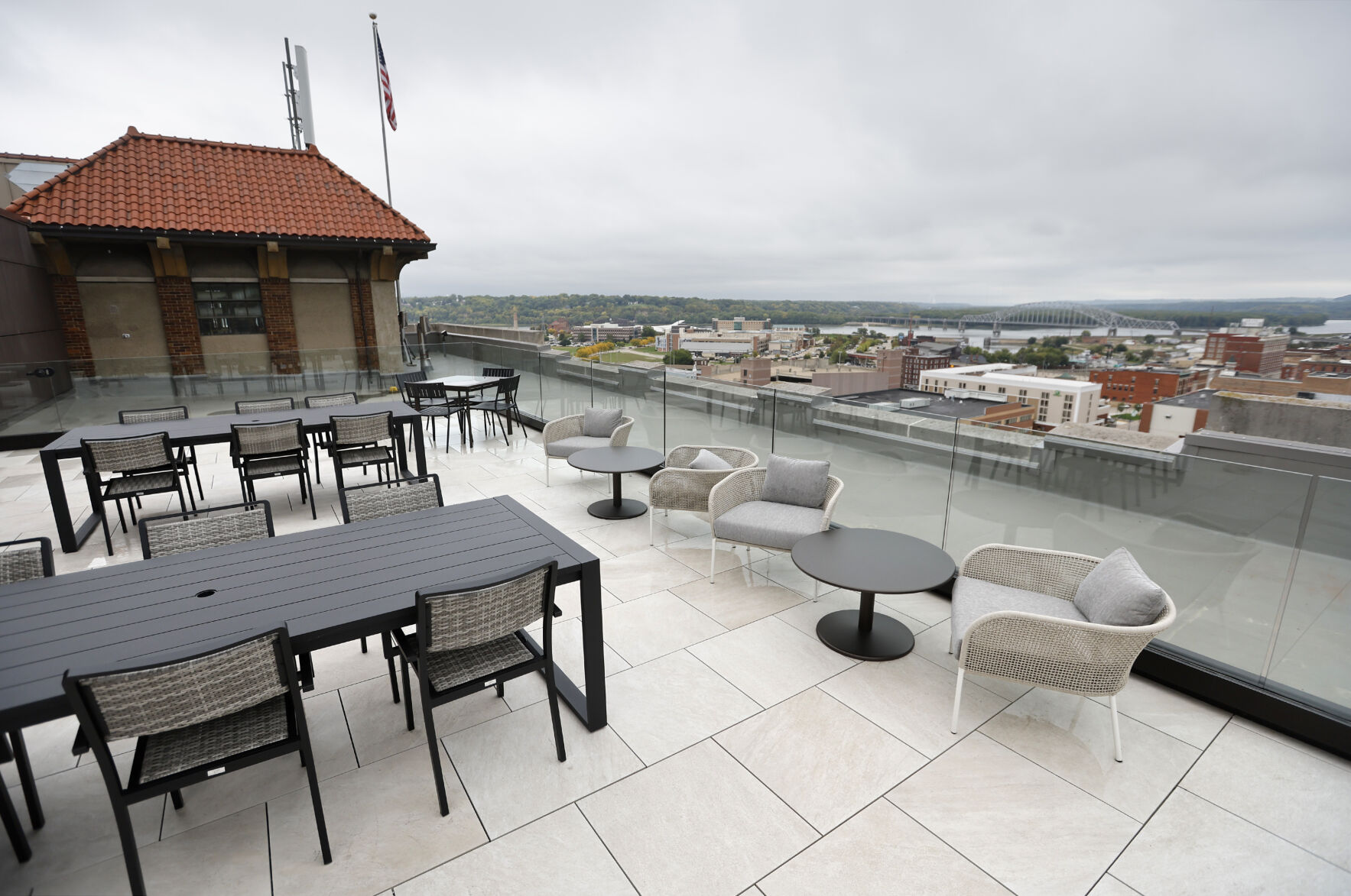 An outdoor space shared by Cottingham & Butler and HTLF at the Roshek Building in Dubuque on Tuesday, Sept. 26, 2023.    PHOTO CREDIT: JESSICA REILLY