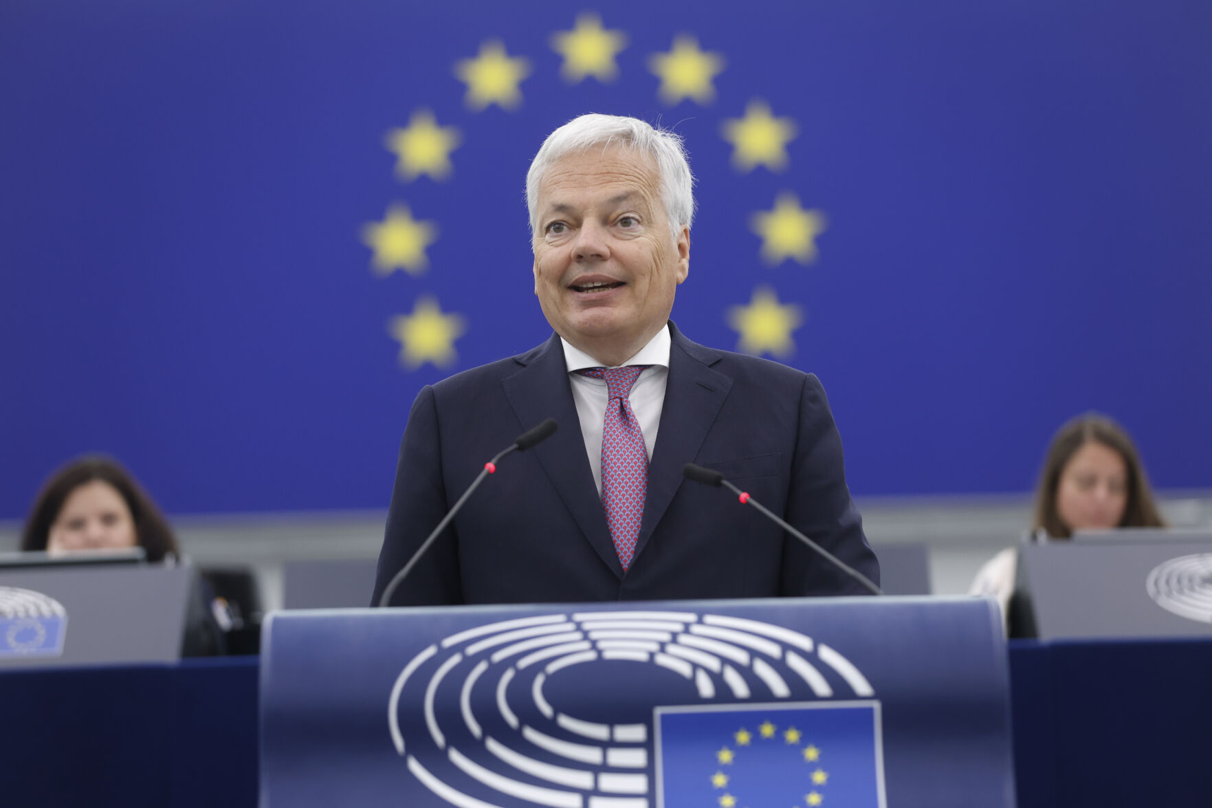 <p>FILE - European Commissioner for Justice Didier Reynders delivers a speech on the electoral law, the investigative committee and the rule of law in Poland, Wednesday, June 14, 2023 at the European Parliament in Strasbourg, eastern France. The European Union on Thursday, Oct. 12, 2023 ordered U.S. biotech giant Illumina to undo its $7.1 billion purchase of cancer-screening company Grail because it closed the deal without approval of regulators in the 27-nation bloc. (AP Photo/Jean-Francois Badias, File)</p>   PHOTO CREDIT: Jean-Francois Badias