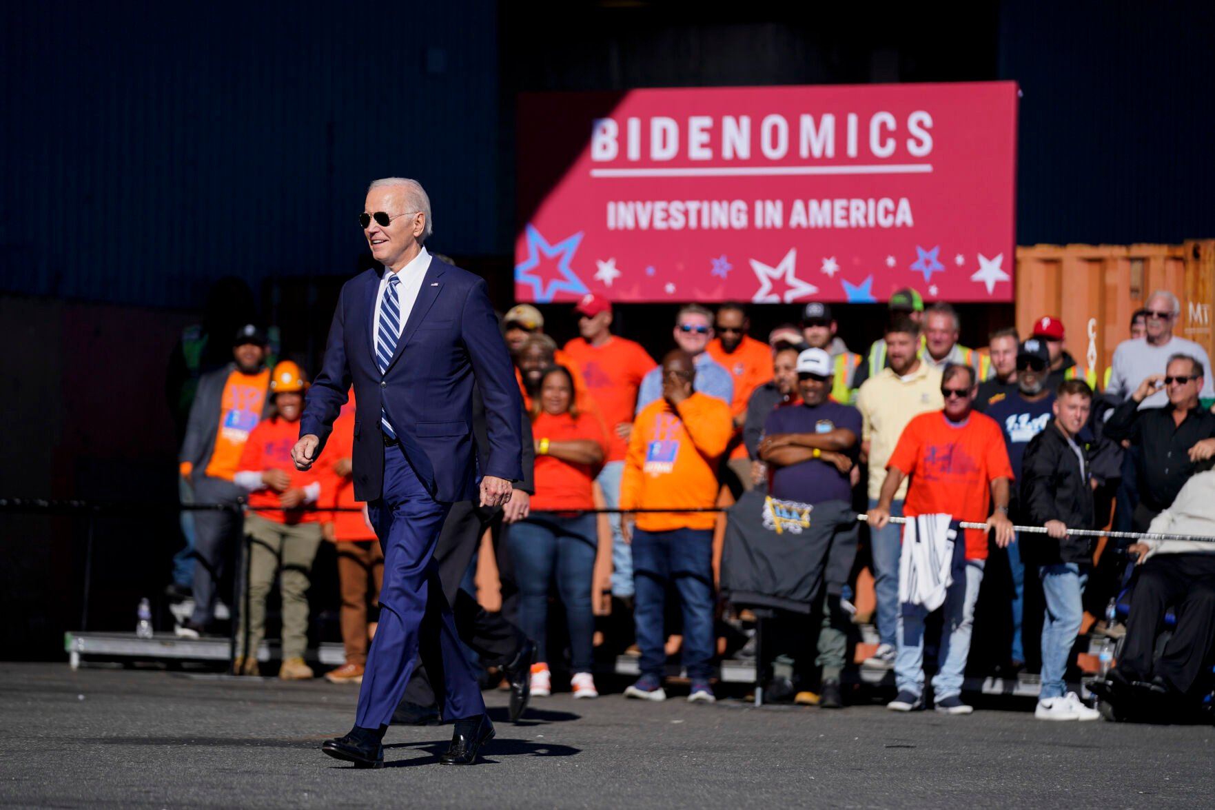 <p>President Joe Biden arrives to speak at Tioga Marine Terminal, Friday, Oct. 13, 2023, in Philadelphia. (AP Photo/Evan Vucci)</p>   PHOTO CREDIT: Evan Vucci 