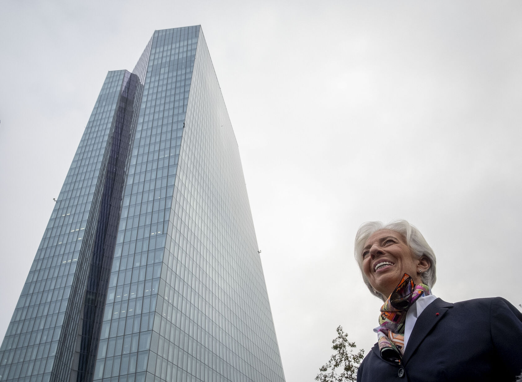 <p>FILE - New President of European Central Bank Christine Lagarde talks to media people in front of the ECB building before she takes office in Frankfurt, Germany, Monday, Nov. 4, 2019. The European Central Bank is likely taking a break from interest rate increases. The pause expected Thursday, Oct. 26, 2023 would follow 10 straight hikes, dating back to July 2022. (AP Photo/Michael Probst, File)</p>   PHOTO CREDIT: Michael Probst 