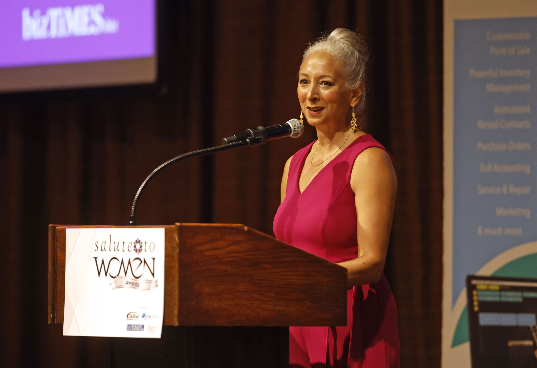 Leslie Shalabi, who received the award for Woman of the Year, speaks at the event.    PHOTO CREDIT: Jessica Reilly