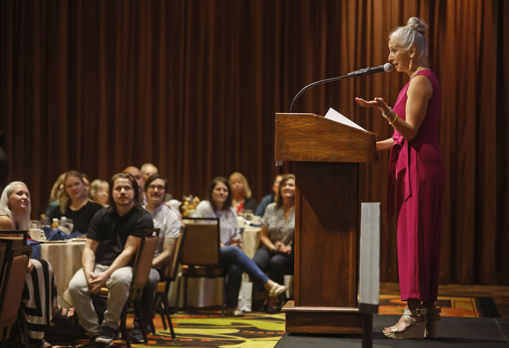Leslie Shalabi speaks during the Salute to Women Awards at Diamond Jo Casino in Dubuque. Leslie received the award for Woman of the Year.    PHOTO CREDIT: Jessica Reilly