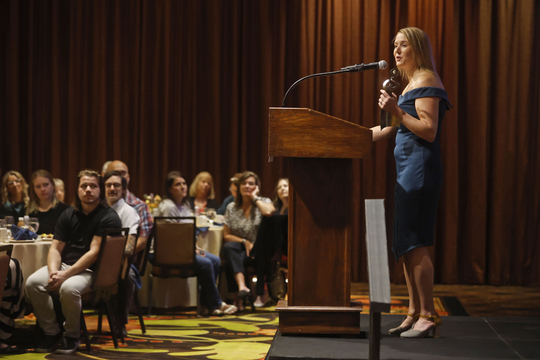 Callie Mescher-FitzGerald speaks during the Salute to Women Awards at Diamond Jo Casino in Dubuque. Callie received the award for Woman to Watch.    PHOTO CREDIT: Jessica Reilly