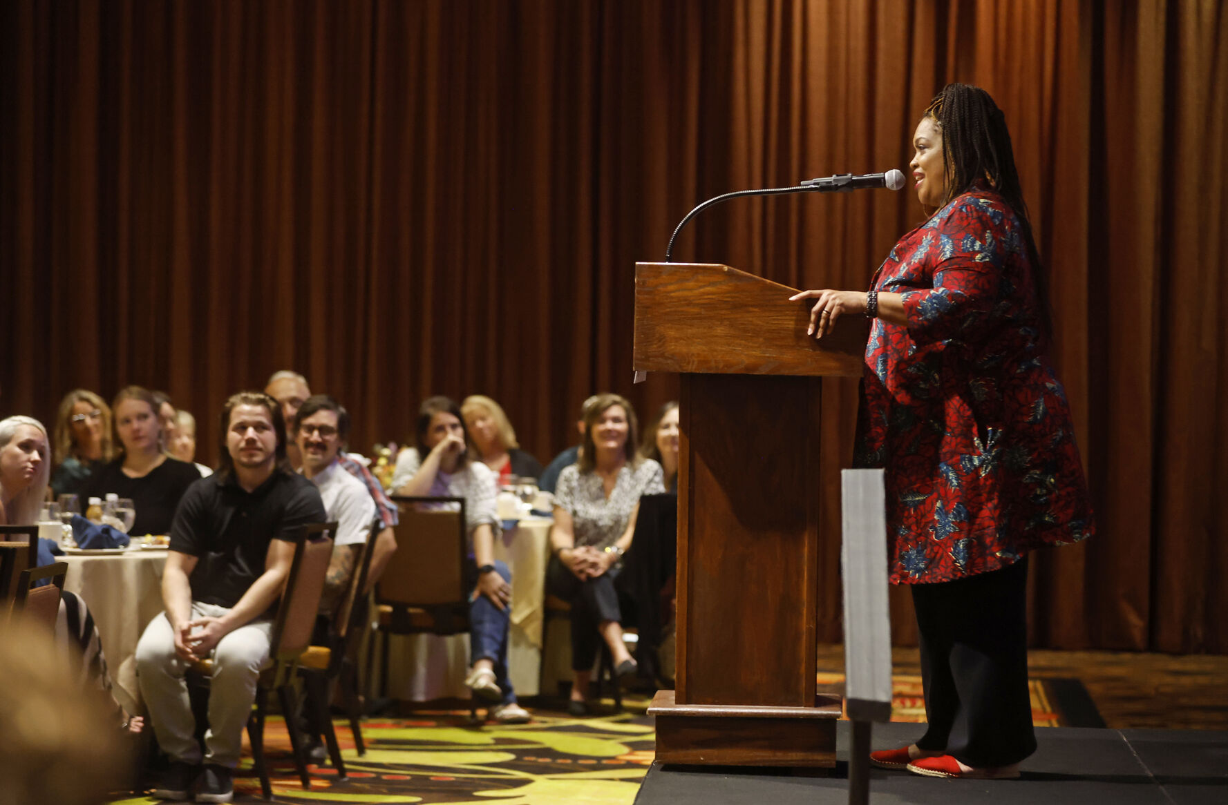 A. Alanda Gregory speaks during the Salute to Women Awards at Diamond Jo Casino in Dubuque. Gregory received the award for Woman of Innovation.    PHOTO CREDIT: Jessica Reilly