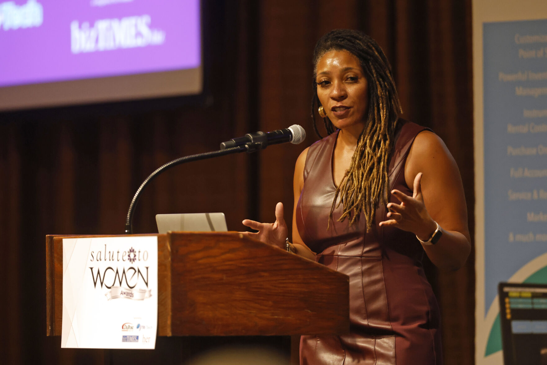 Keynote speaker Yindra Dixon speaks during the Salute to Women Awards at Diamond Jo Casino in Dubuque.    PHOTO CREDIT: Jessica Reilly