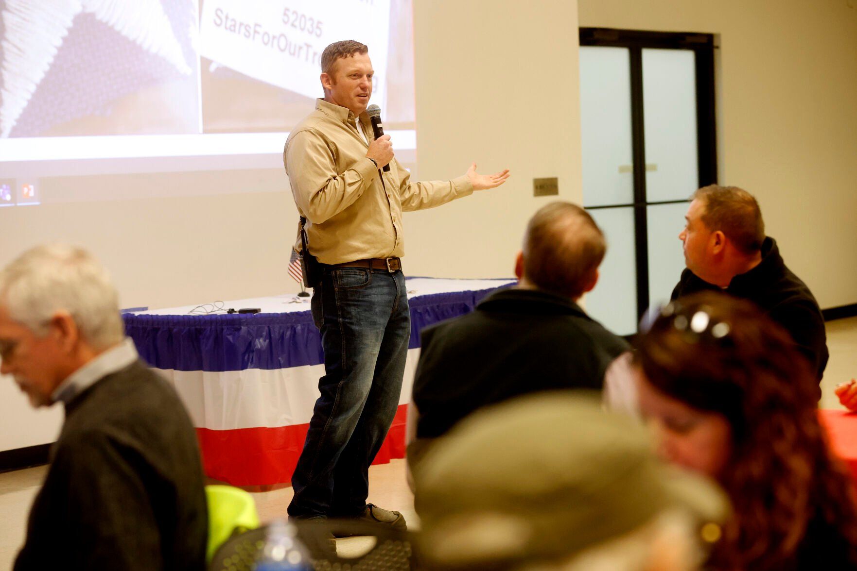 Alec Zwanziger, with John Deere Dubuque Works, speaks during a Veterans Day luncheon recognizing employee veterans at the facility in Dubuque on Thursday, Nov. 9, 2023.    PHOTO CREDIT: JESSICA REILLY