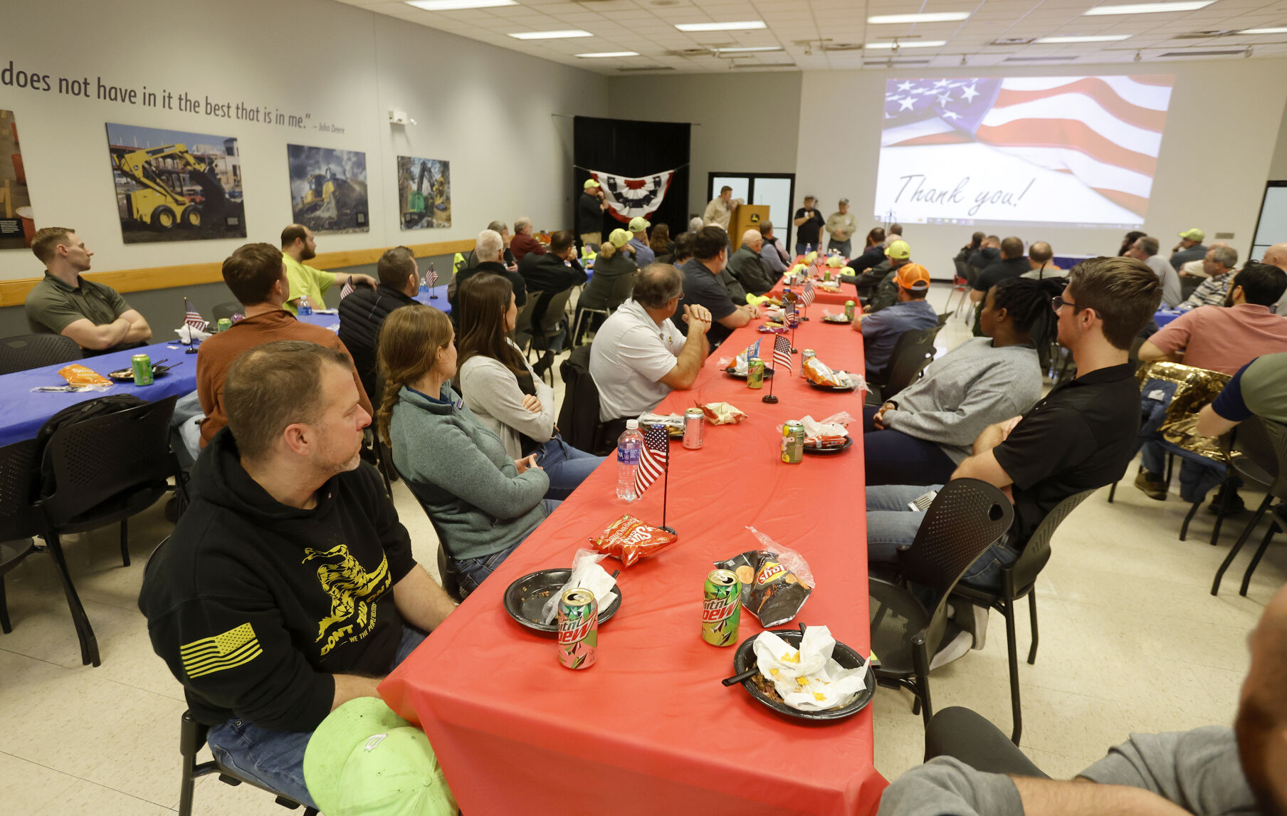 Employees with John Deere Dubuque Works listen to speakers during a Veterans Day luncheon recognizing employee veterans at the facility in Dubuque on Thursday, Nov. 9, 2023.    PHOTO CREDIT: JESSICA REILLY