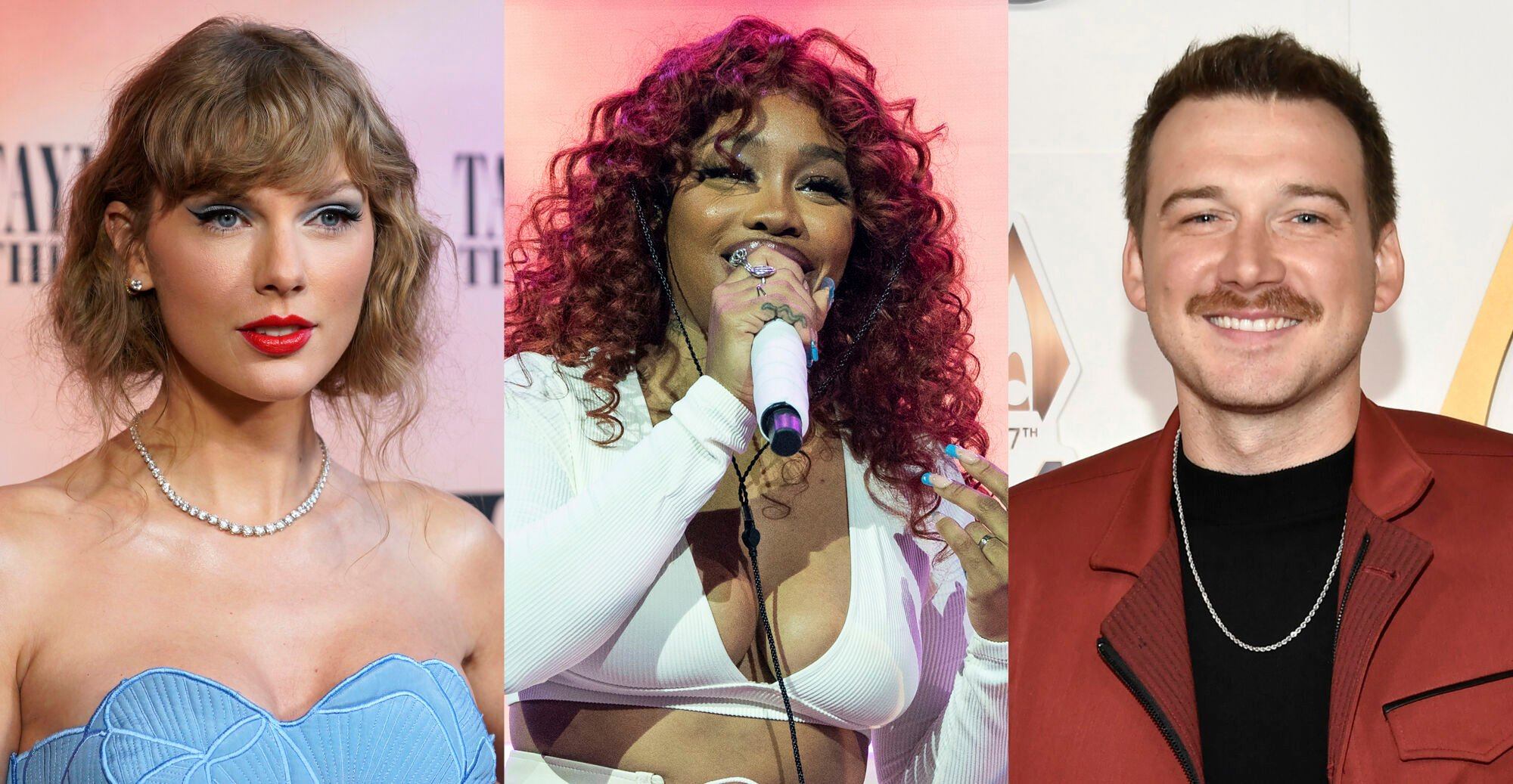 <p>This combination of photos shows Taylor Swift at the world premiere of the concert film "Taylor Swift: The Eras Tour" in Los Angeles on Oct. 11, 2023, left, SZA performing at the Astroworld Music Festival in Houston on Nov. 5, 2021, center, and Morgan Wallen at the 57th Annual CMA Awards in Nashville, Tenn., on Nov. 8, 2023. (AP Photo)</p>   PHOTO CREDIT: AP Photo