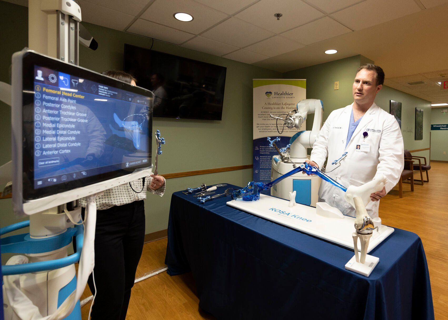 Dr. Eamon D. Bernardoni demonstrates ROSA, a new robotic surgical assistant that uses AI technology, at Memorial Hospital of Lafayette County in Darlington, Wis.    PHOTO CREDIT: Stephen Gassman
Telegraph Herald