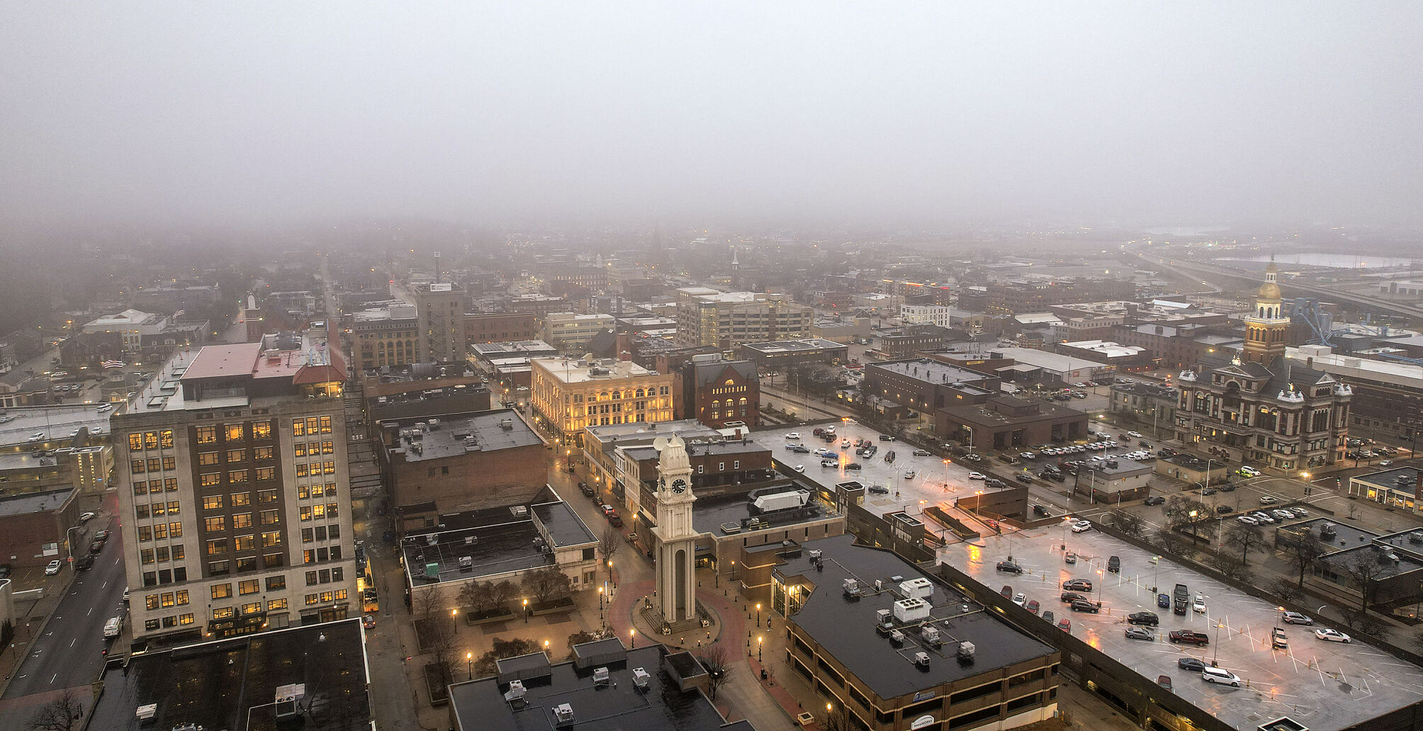 Fog looms over downtown Dubuque.    PHOTO CREDIT: Dave Kettering