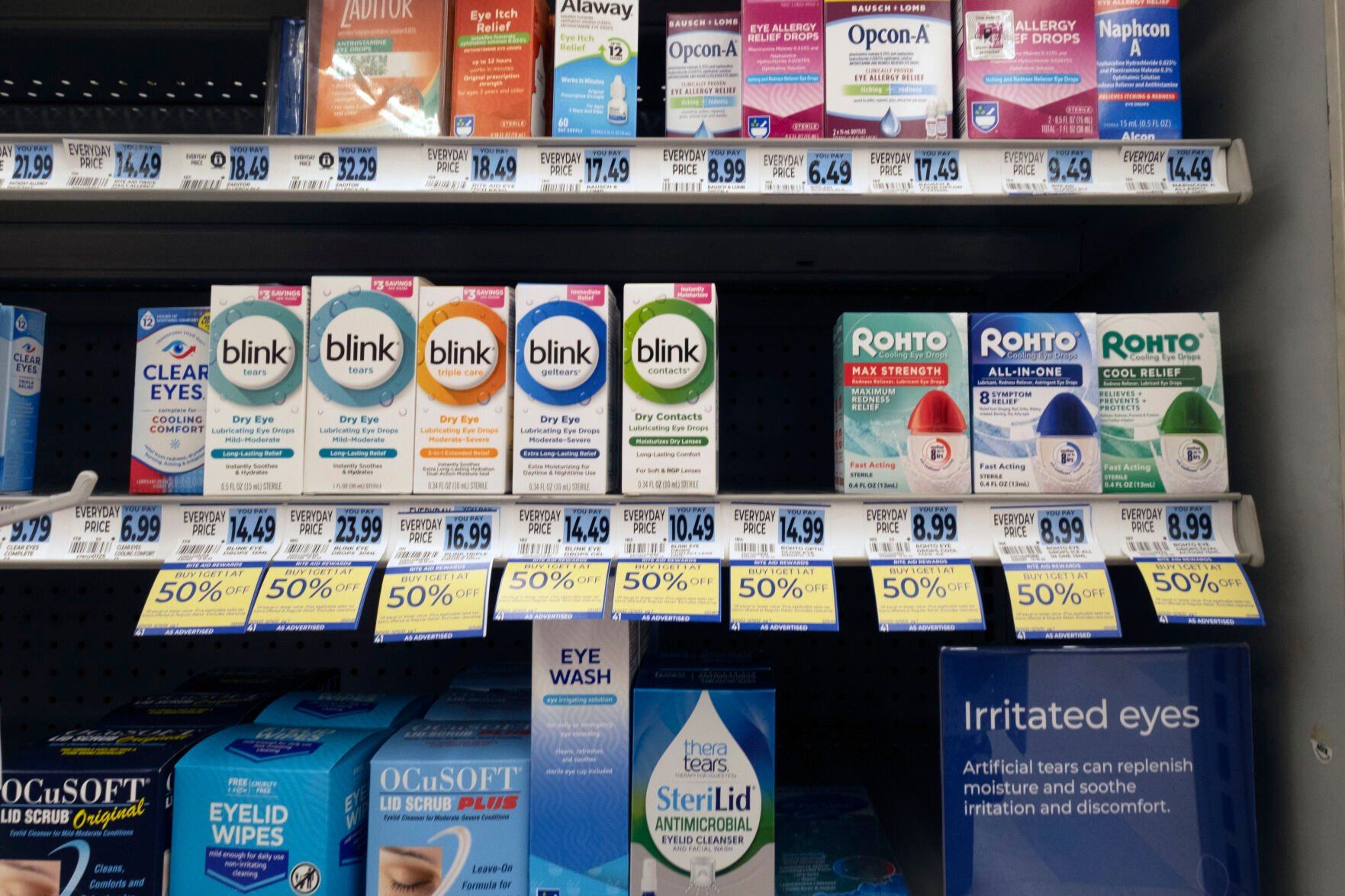 A selection of eye drops line a shelf at a pharmacy in Los Angeles on Tuesday, Dec. 12, 2023. A series of recalls involving over-the-counter drops is drawing new attention to just how little U.S. officials know about the conditions at manufacturing plants on the other side of the world and the limited tools they have to force products off the market when there