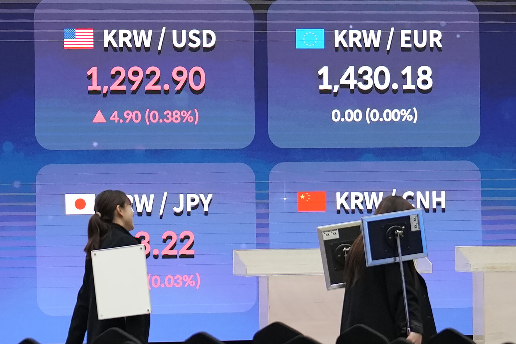 <p>A huge screen shows the foreign exchange rates as people walk after the opening ceremony of the 2024 trading year at the Korea Exchange in Seoul, South Korea, Tuesday, Jan. 2, 2024. (AP Photo/Lee Jin-man)</p>   PHOTO CREDIT: Lee Jin-man - staff, ASSOCIATED PRESS