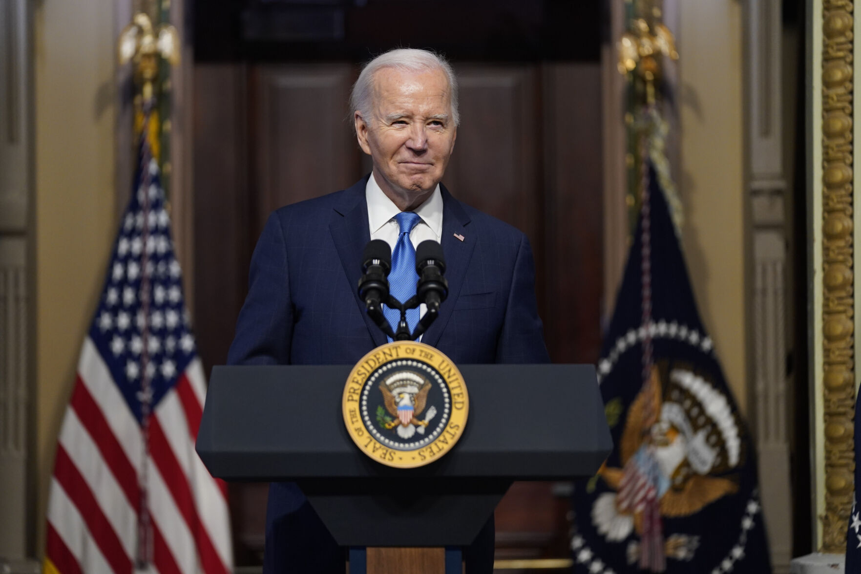President Joe Biden speaks during a meeting of the National Infrastructure Advisory Council in the Indian Treaty Room on the White House campus, Wednesday, Dec. 13, 2023, in Washington. (AP Photo/Evan Vucci)    PHOTO CREDIT: Associated Press