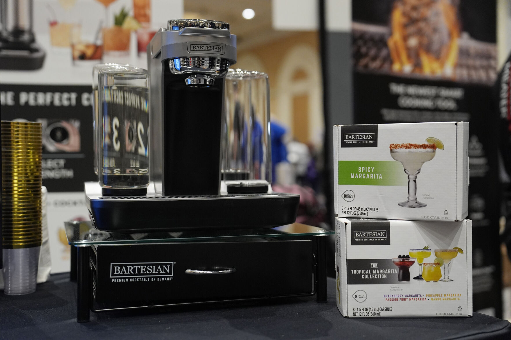 <p>The Bartesian Premier connected intelligent cocktail maker is on display at the Bartesian booth at Pepcom ahead of the CES tech show Monday, Jan. 8, 2024, in Las Vegas. (AP Photo/John Locher)</p>   PHOTO CREDIT: John Locher 