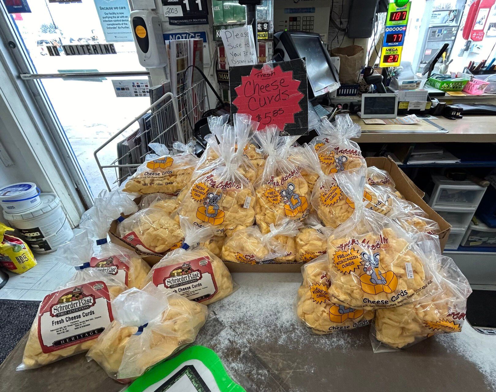 Bags of fresh cheese curds sit on the front counter at Speedy Mart, a convenience store in Fennimore, Wis.    PHOTO CREDIT: Erik Hogstrom
Telegraph Herald
