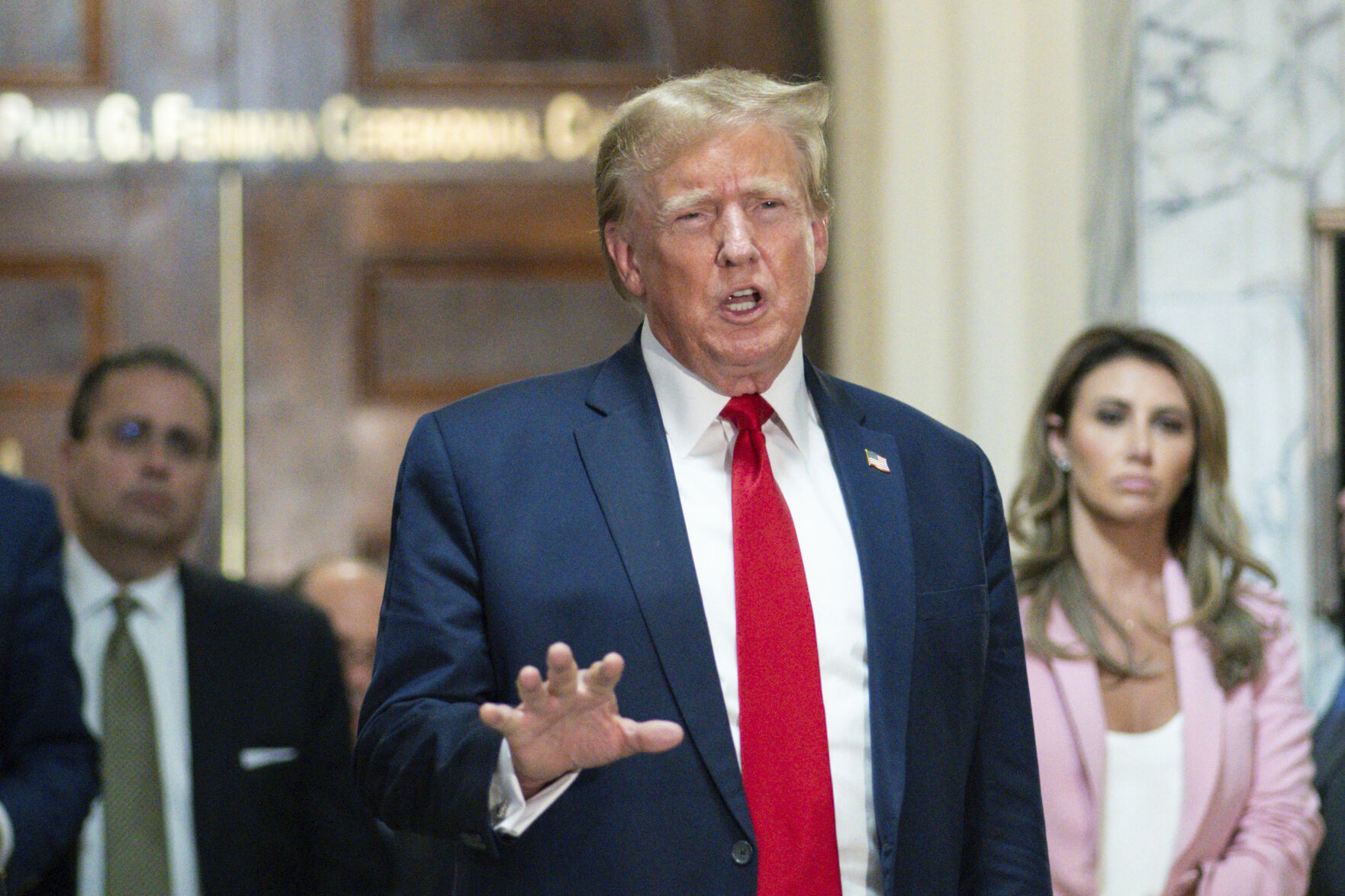 <p>FILE - Former President Donald Trump speaks after exiting the courtroom for a break at New York Supreme Court, Dec. 7, 2023, in New York. The notorious 2005 “Access Hollywood” video in which Trump was caught on a hot mic speaking disparagingly about women over a decade before he became president can be shown to jurors deciding what he owes E. Jean Carroll, a columnist he defamed, a federal judge ruled Tuesday, Jan. 9, 2024, as he set up ground rules for a trial next week. (AP Photo/Eduardo Munoz Alvarez, File)</p>   PHOTO CREDIT: Eduardo Munoz Alvarez 
