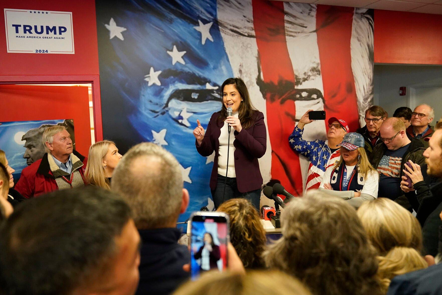 <p>House Republican Conference Chair Elise Stefanik, R-N.Y., speaking at Team Trump New Hampshire headquarters, Saturday, Jan. 20, 2024, in Manchester, NH. (AP Photo/Pablo Martinez Monsivais)</p>   PHOTO CREDIT: Pablo Martinez Monsivais 
