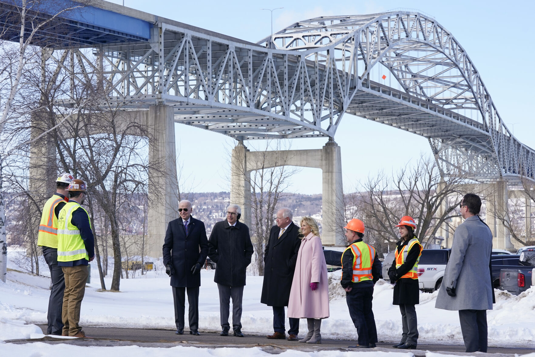 <p>FILE - President Joe Biden and first lady Jill Biden visit the John A. Blatnik Memorial Bridge that connects Duluth, Minn., to Superior, Wis., March 2, 2022, in Superior, Wis. Biden is returning to the critical swing state of Wisconsin to announce nearly $5 billion in federal funding for upgrading the Blatnik Bridge and for dozens of similar infrastructure projects nationwide. (AP Photo/Patrick Semansky, File)</p>   PHOTO CREDIT: Patrick Semansky 