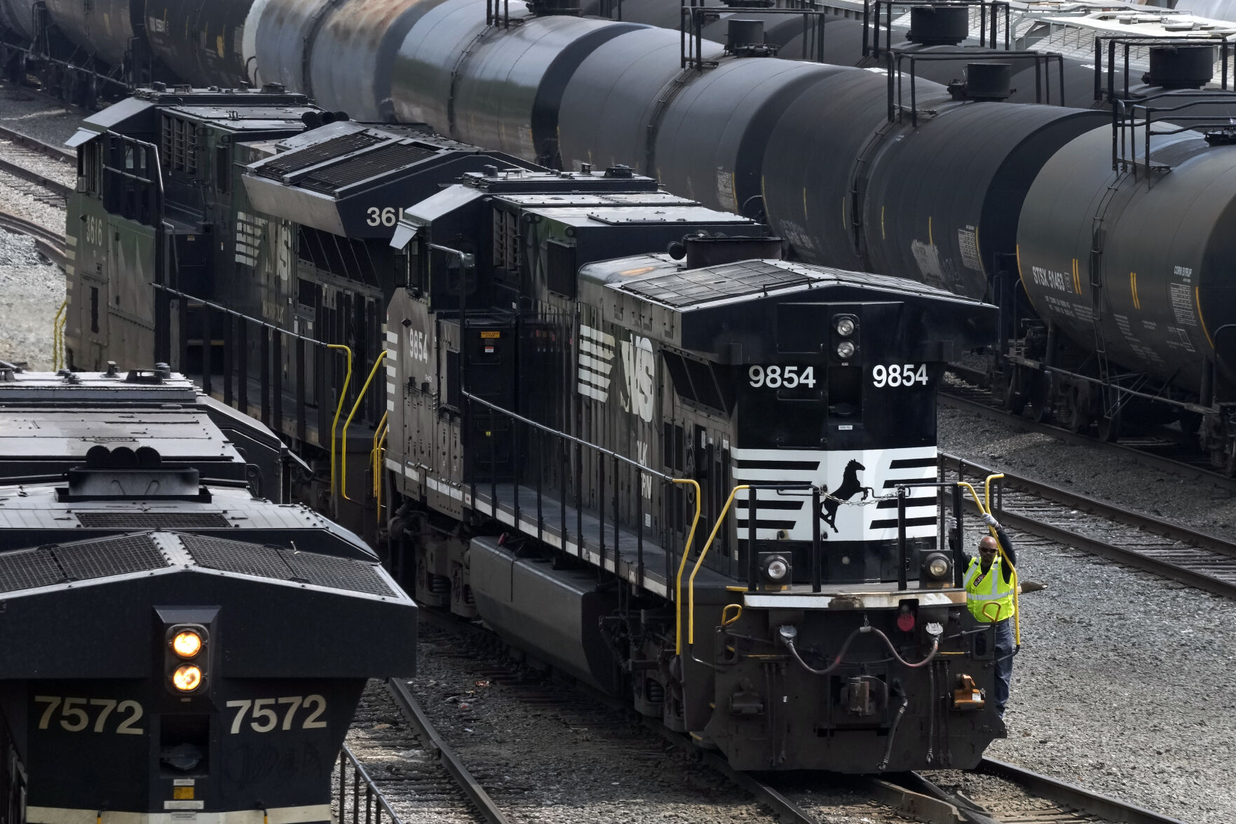Norfolk Southern locomotives are moved through the Conway Terminal in Conway, Pa., Saturday, June 17, 2023. Norfolk Southern reports their earnings Friday, Jan. 26, 2024. (AP Photo/Gene J. Puskar)    PHOTO CREDIT: Associated Press