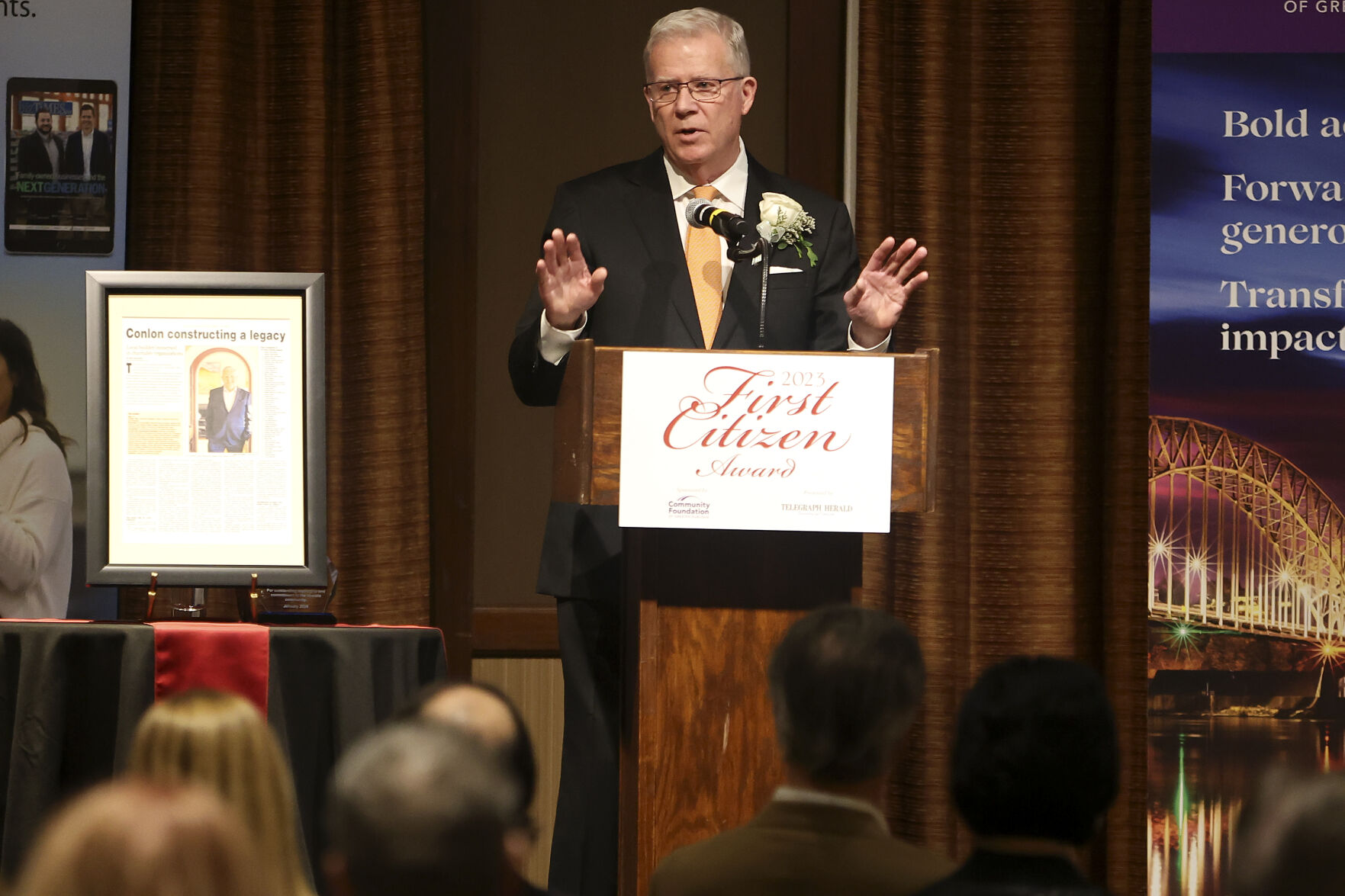 Tim Conlon, recipient of the 2024 Telegraph Herald First Citizen Award, speaks during a reception at the Diamond Jo Casino in Dubuque.    PHOTO CREDIT: Dave Kettering