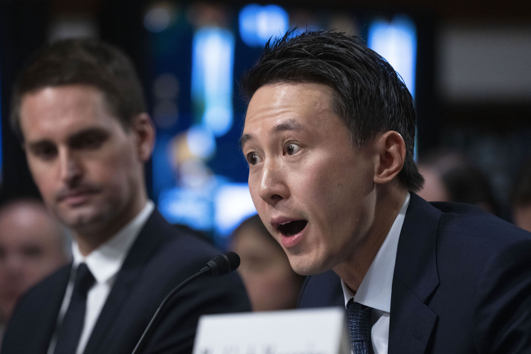 <p>TikTok CEO Shou Zi Chew, testifies during a Senate Judiciary Committee hearing on Capitol Hill in Washington, Wednesday, Jan. 31, 2024, on child safety. Snap CEO Evan Spiegel, left, listens.(AP Photo/Manuel Balce Ceneta)</p>   PHOTO CREDIT: Manuel Balce Ceneta - staff, ASSOCIATED PRESS