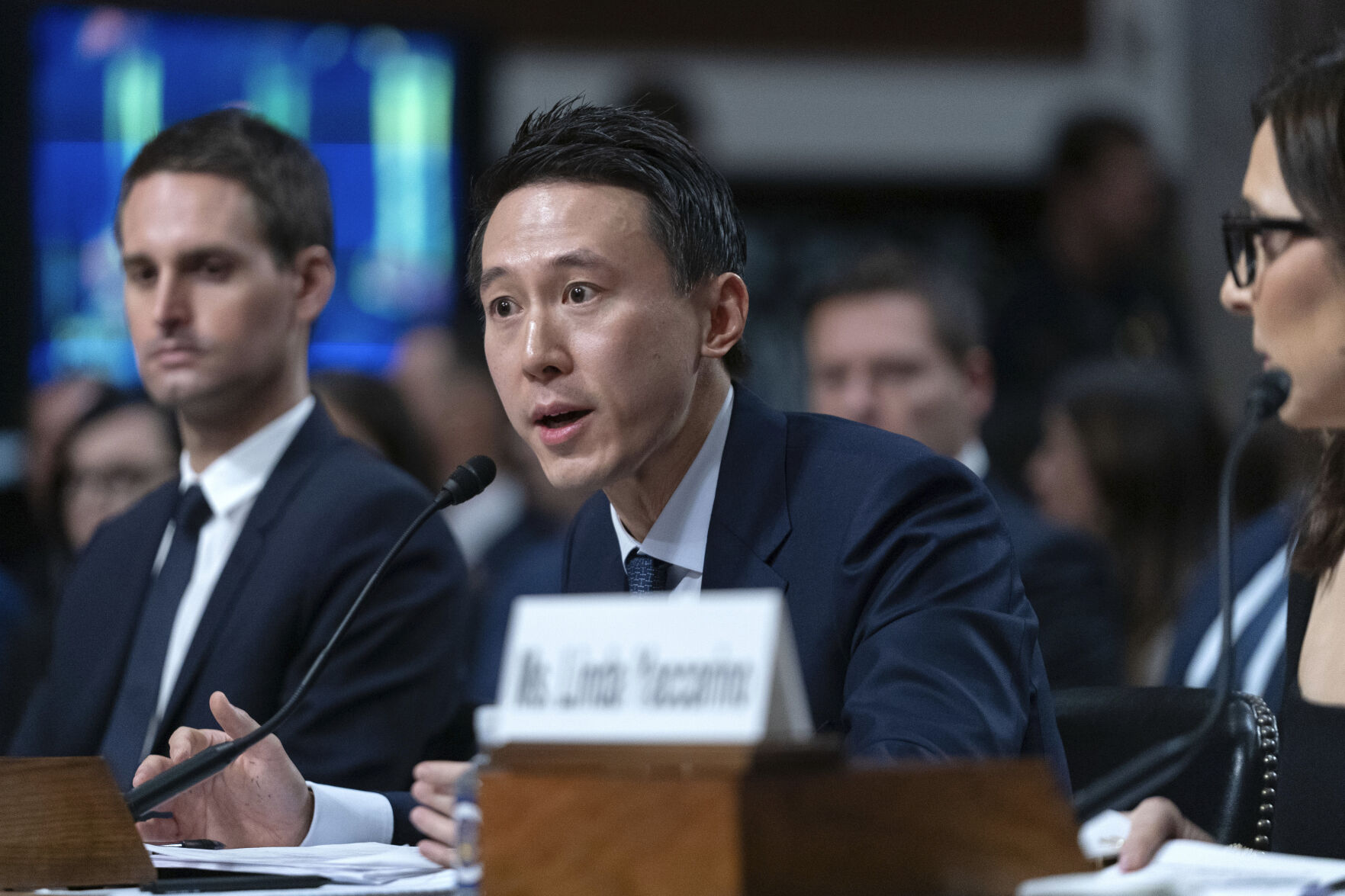 <p>TikTok CEO Shou Zi Chew speaks during a Senate Judiciary Committee hearing with other social media platform heads on Capitol Hill in Washington, Wednesday, Jan. 31, 2024, to discuss child safety online.(AP Photo/Jose Luis Magana)</p>   PHOTO CREDIT: Jose Luis Magana - freelancer, ASSOCIATED PRESS