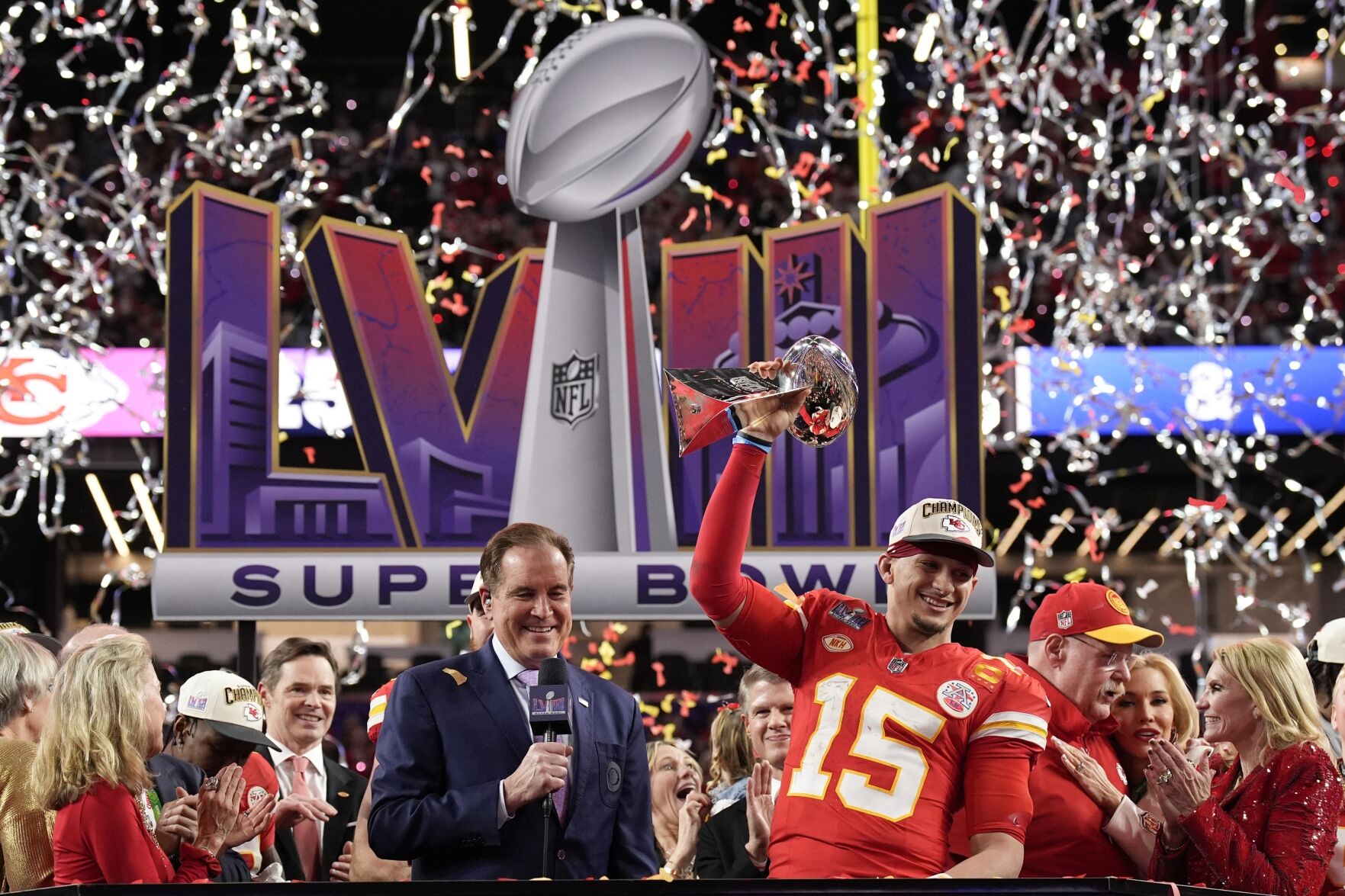 <p>Kansas City Chiefs quarterback Patrick Mahomes (15) celebrates after the NFL Super Bowl 58 football game against the San Francisco 49ers, Sunday, Feb. 11, 2024, in Las Vegas. The Kansas City Chiefs won 25-22 against the San Francisco 49ers. (AP Photo/John Locher)</p>   PHOTO CREDIT: John Locher