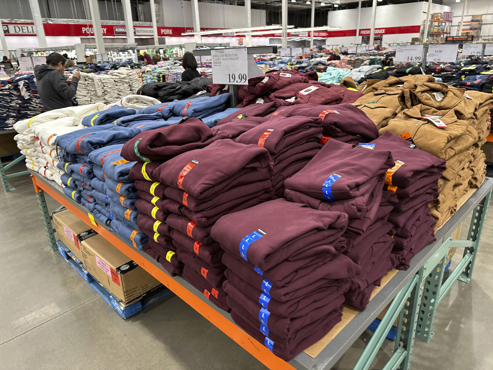 <p>Shoppers peruse stacks of hoodies on display in a Costco warehouse Tuesday, Jan. 30, 2024, in Timnath, Colo. The Commerce Department releases U.S. retail sales data for January on Thursday, Feb. 15, 2024. (AP Photo/David Zalubowski)</p>   PHOTO CREDIT: David Zalubowski 