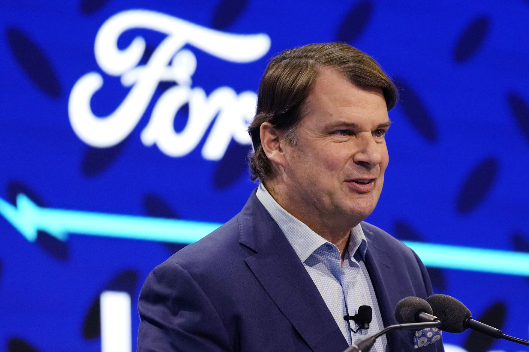 FILE - Ford Motor Co., President and CEO Jim Farley announces the automaker