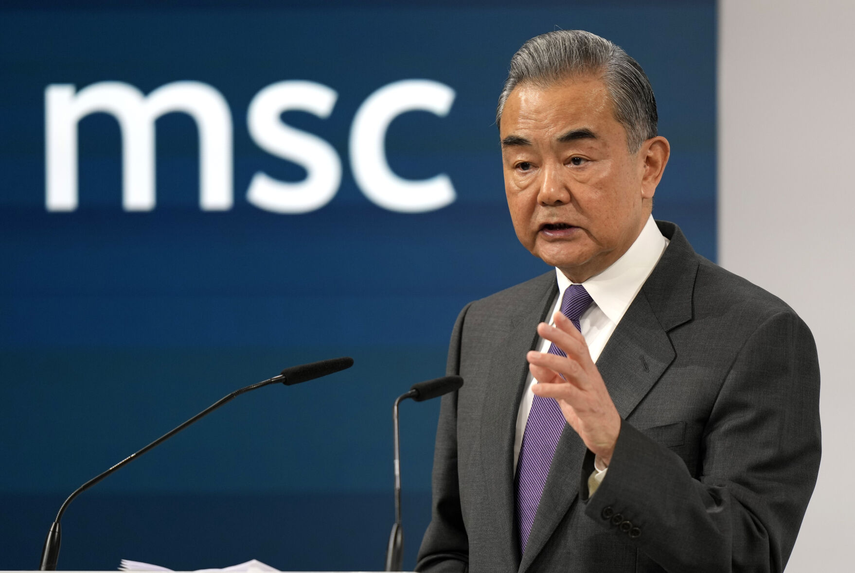 Chinese Foreign Minister Wang Yi delivers a speech at the Munich Security Conference at the Bayerischer Hof Hotel in Munich, Germany, Saturday, Feb. 17, 2024. The 60th Munich Security Conference (MSC) is taking place from Feb. 16 to Feb. 18, 2024. (AP Photo/Matthias Schrader)    PHOTO CREDIT: Associated Press