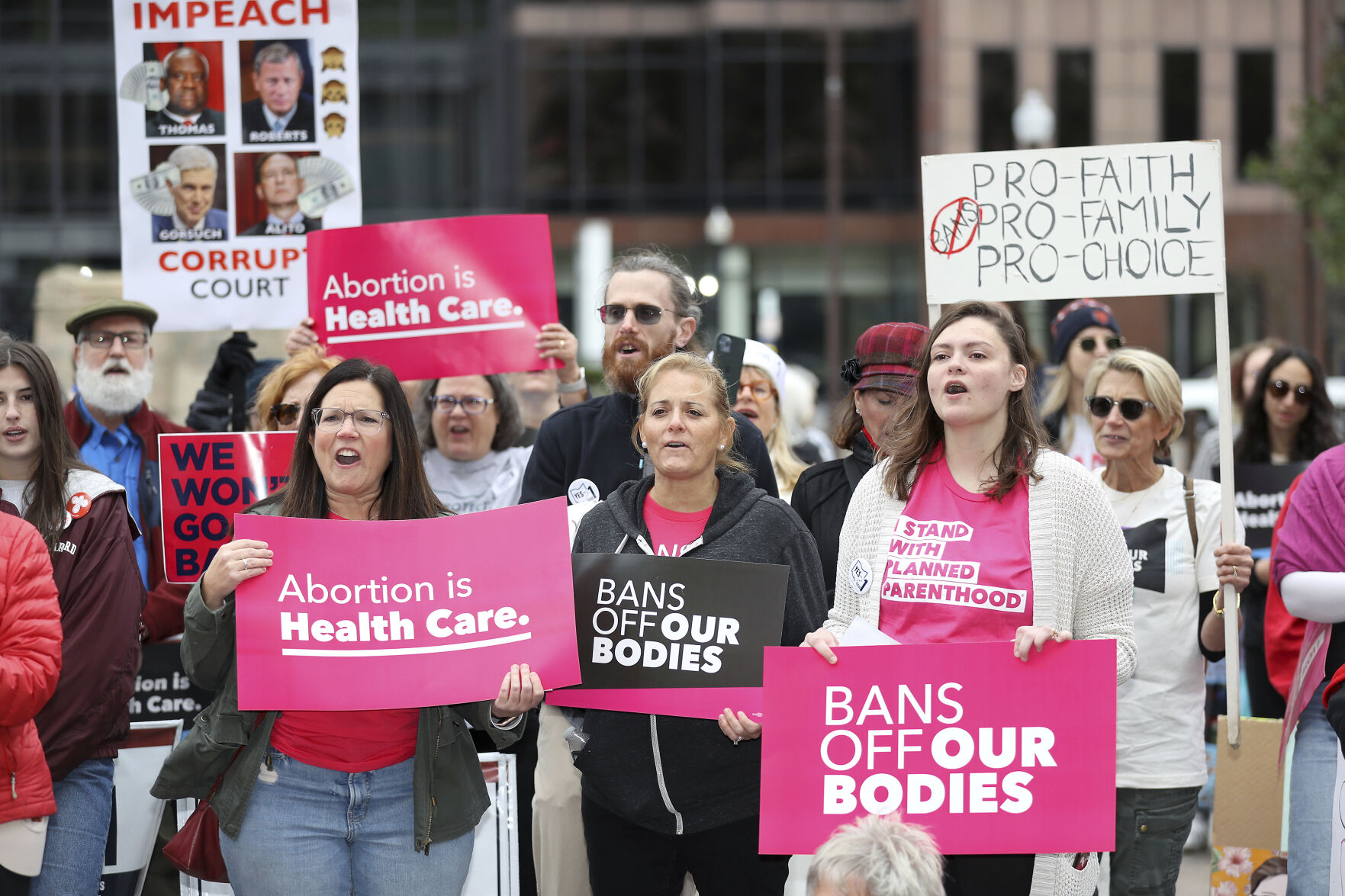 FILE - Supporters of Issue 1, the Right to Reproductive Freedom amendment, attend a rally in Columbus, Ohio, Oct. 8, 2023. Some state governments and a federal agency are moving to block companies from selling geolocation data that shows who