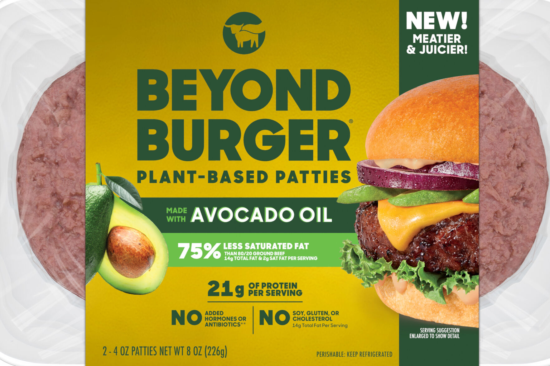 <p>This image provided by Beyond Meat shows packaging for the latest iteration of the plant-based Beyond Burger. Beyond Meat, which has been struggling with falling U.S. demand, reformulated its burger to contain less fat and more protein. (Beyond Meat, Inc. via AP)</p>   PHOTO CREDIT: Beyond Meat, Inc. via AP
