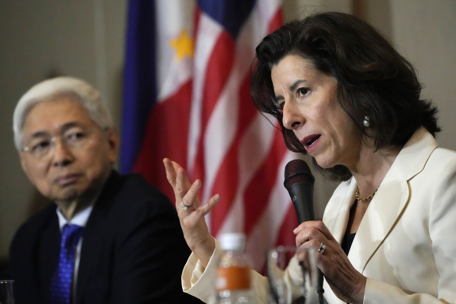 <p>U.S. Commerce Secretary Gina Raimondo, right, talks beside Philippine Trade and Industry Secretary Alfredo Pascual during a press conference at Paranaque city, Philippines on Monday, March 11, 2024. Raimondo led a U.S. Presidential Trade and Investment Mission which aims to boost US contributions to the Philippines and to further strengthen bilateral economic ties. (AP Photo/Aaron Favila)</p>   PHOTO CREDIT: Aaron Favila 