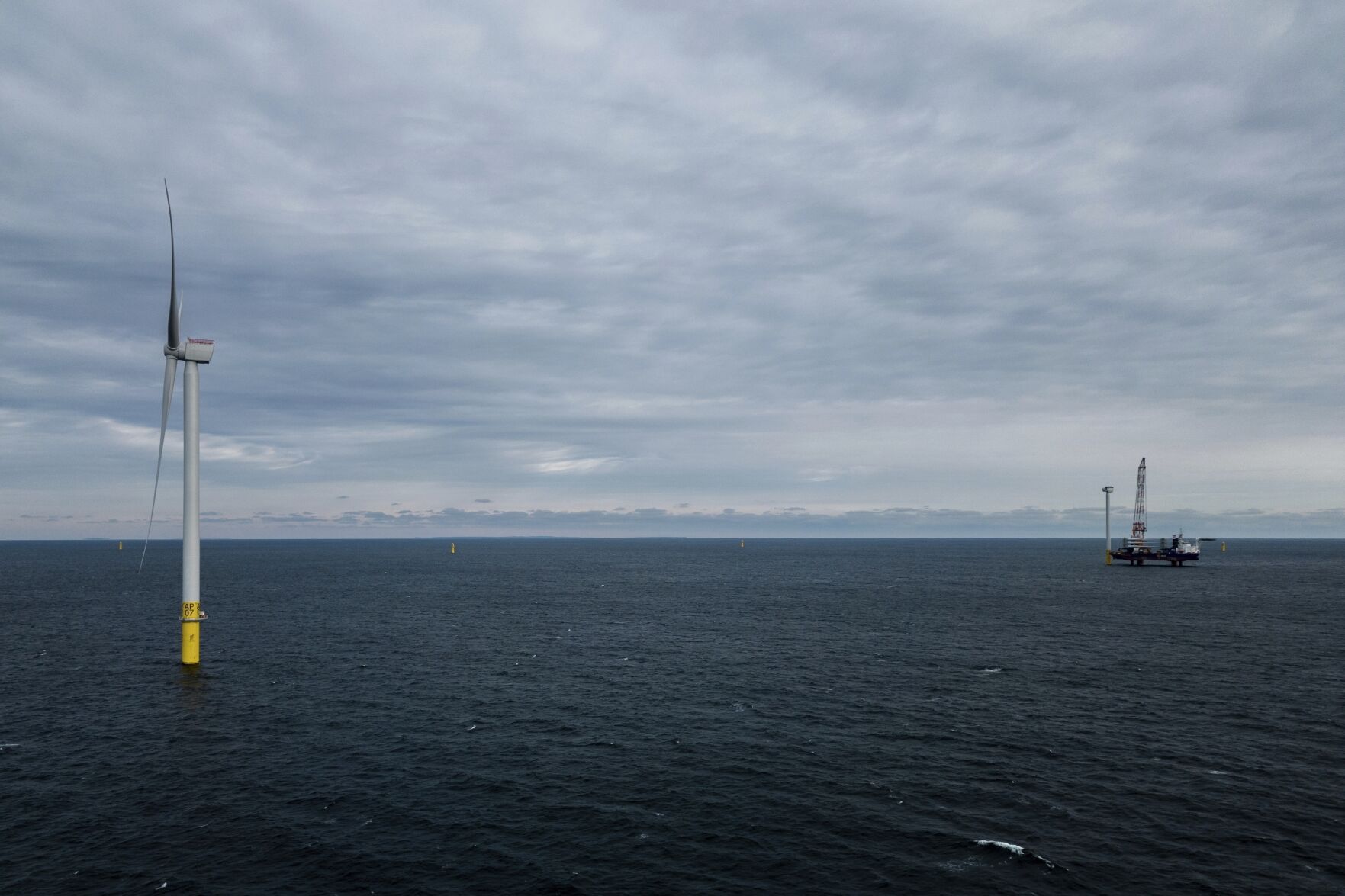 FILE - The first operating South Fork Wind farm turbine, Dec. 7, 2023, stands east of Montauk Point, N.Y. South Fork Wind, America