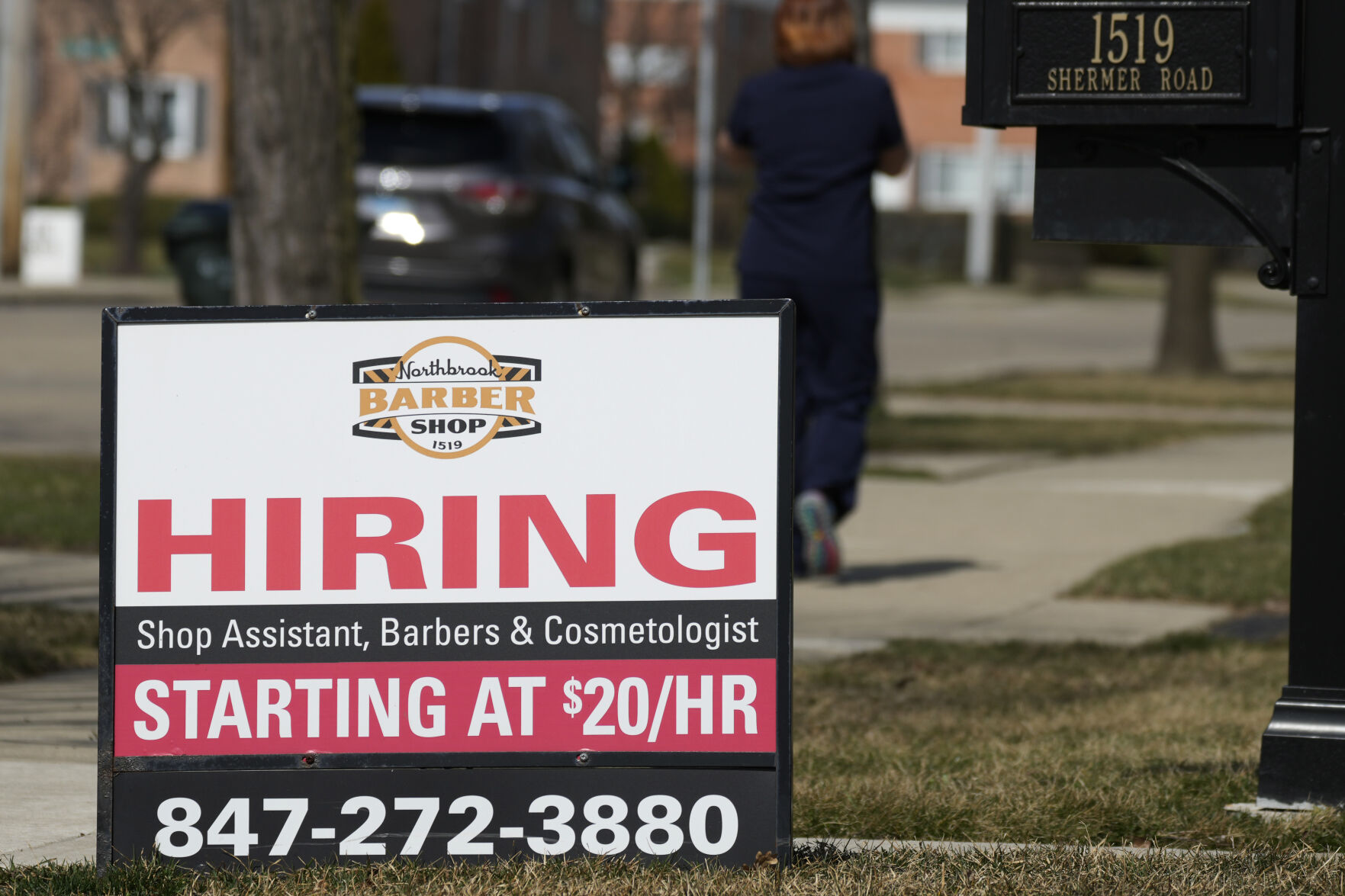 <p>A hiring sign is seen outside of a barber shop in Northbrook, Ill., Tuesday, March 12, 2024. On Thursday, March 28, 2024, the Labor Department issues the latest weekly report on first-time applications for unemployment benefits. (AP Photo/Nam Y. Huh)</p>   PHOTO CREDIT: Nam Y. Huh 