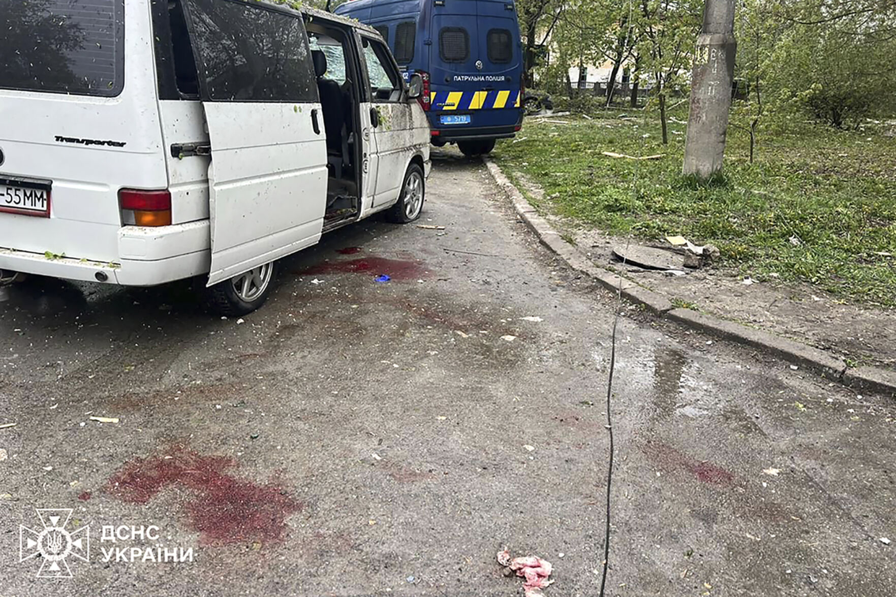 <p>In this photo provided by the Ukrainian Emergency Service, blood is seen next to a car damaged by Russian missile strike in Chernihiv, Ukraine, Wednesday, April 17, 2024. (Ukrainian Emergency Service via AP Photo)</p>   PHOTO CREDIT: Ukrainian Emergency Service via AP Photo