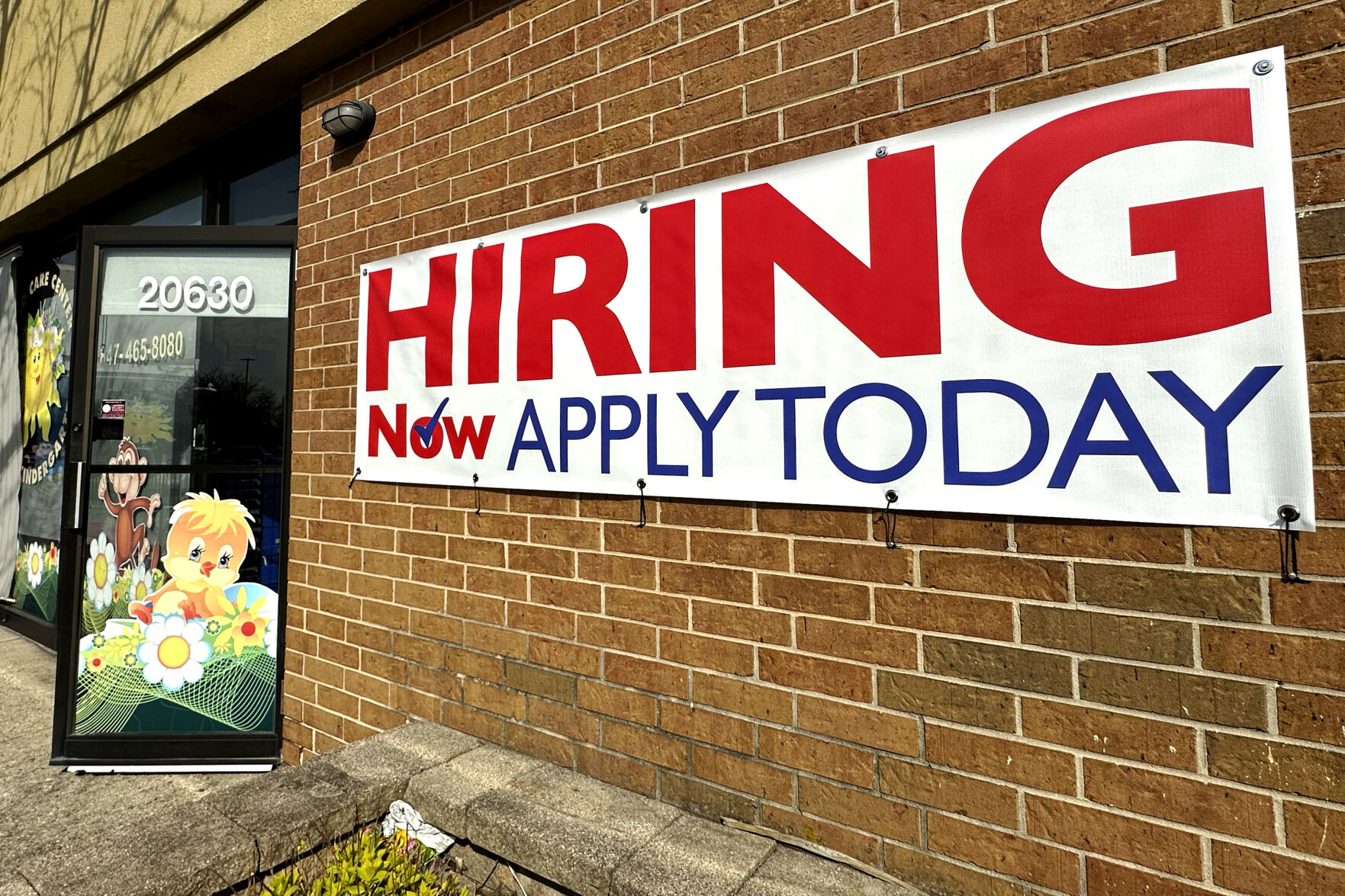 <p>A hiring sign is displayed in Riverwoods, Ill., Tuesday, April 16, 2024. On Thursday, April 18, 2024, the Labor Department reports on the number of people who applied for unemployment benefits last week. (AP Photo/Nam Y. Huh)</p>   PHOTO CREDIT: Nam Y. Huh 