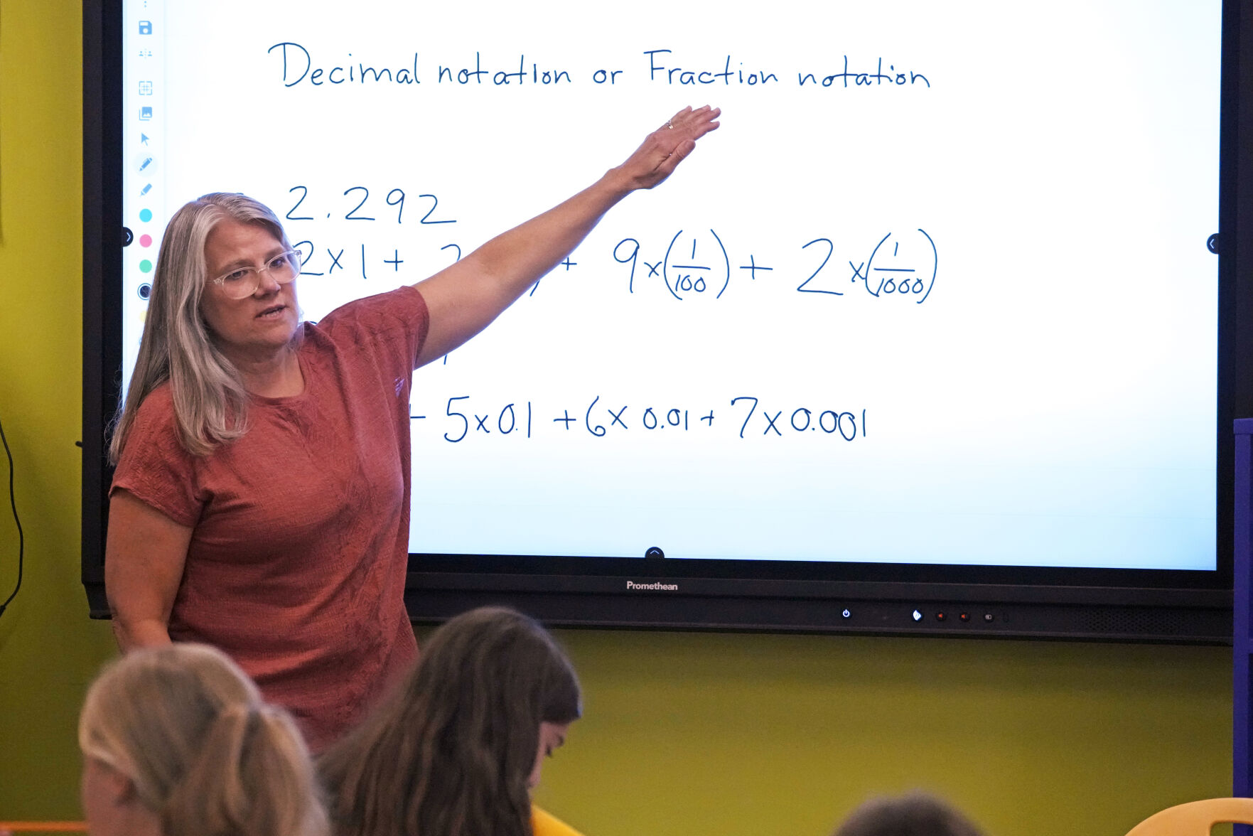 <p>FILE - Math teacher Margie Howells teaches a fifth grade class at Wheeling Country Day School in Wheeling, WV, on Tuesday, Sept. 5, 2023. On Friday, May 3, 2024, the U.S. government issues its April jobs report. (AP Photo/Gene J. Puskar, File)</p>   PHOTO CREDIT: GJP - staff, ASSOCIATED PRESS