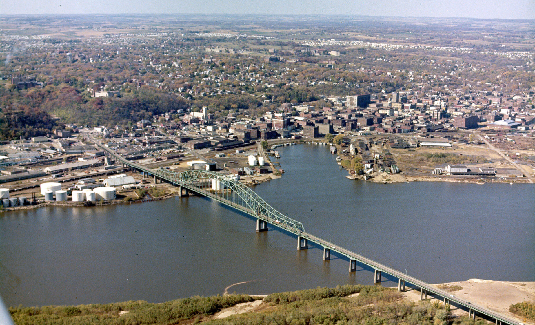 Publication date unknown: Aerial view of the city of Dubuque, showing the Julien Dubuque Bridge, Ice Harbor and downtown. (Note: Photo taken 1977.)    PHOTO CREDIT: TH file