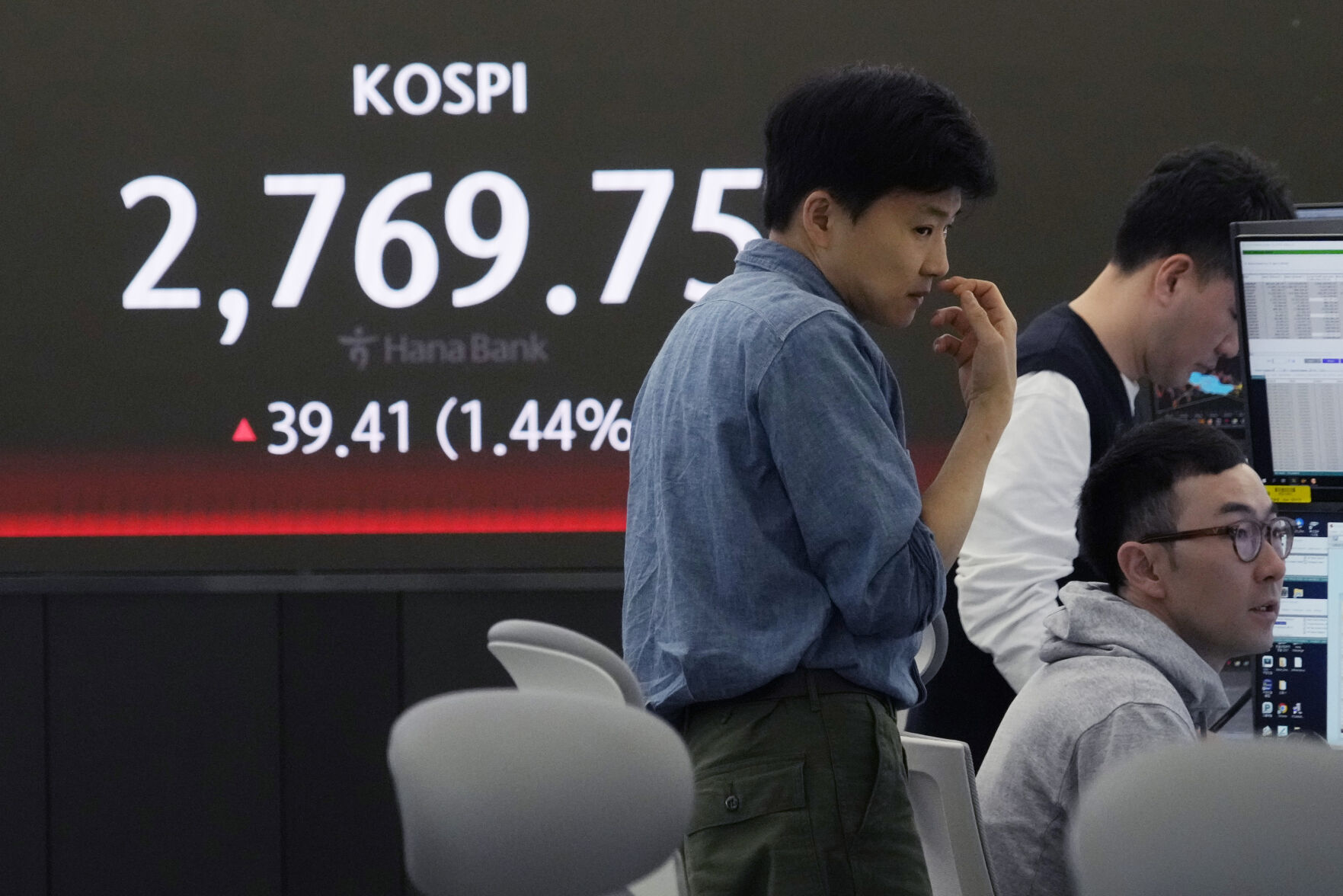 <p>Currency traders work near the screen showing the Korea Composite Stock Price Index (KOSPI) at the foreign exchange dealing room of the KEB Hana Bank headquarters in Seoul, South Korea, Thursday, May 16, 2024. (AP Photo/Ahn Young-joon)</p>   PHOTO CREDIT: Ahn Young-joon - staff, ASSOCIATED PRESS