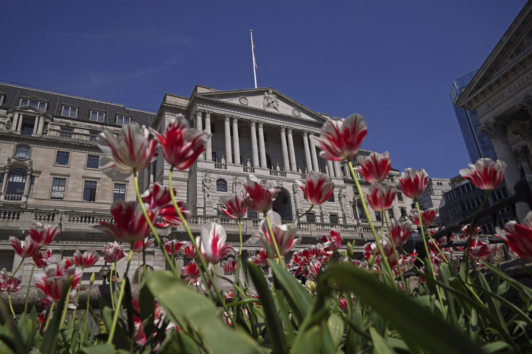 <p>A general view of the Bank of England in London, Thursday May 9, 2024. The Bank of England has kept its main U.K. interest rate at a 16-year high of 5.25% with several policymakers still worrying about some key inflation measures. In a statement Thursday, the bank’s nine-member Monetary Policy Committee voted 7-2 to keep rates unchanged, with the 2 dissenters backing a quarter-point reduction. (Yui Mok/PA via AP)</p>   PHOTO CREDIT: Yui Mok 