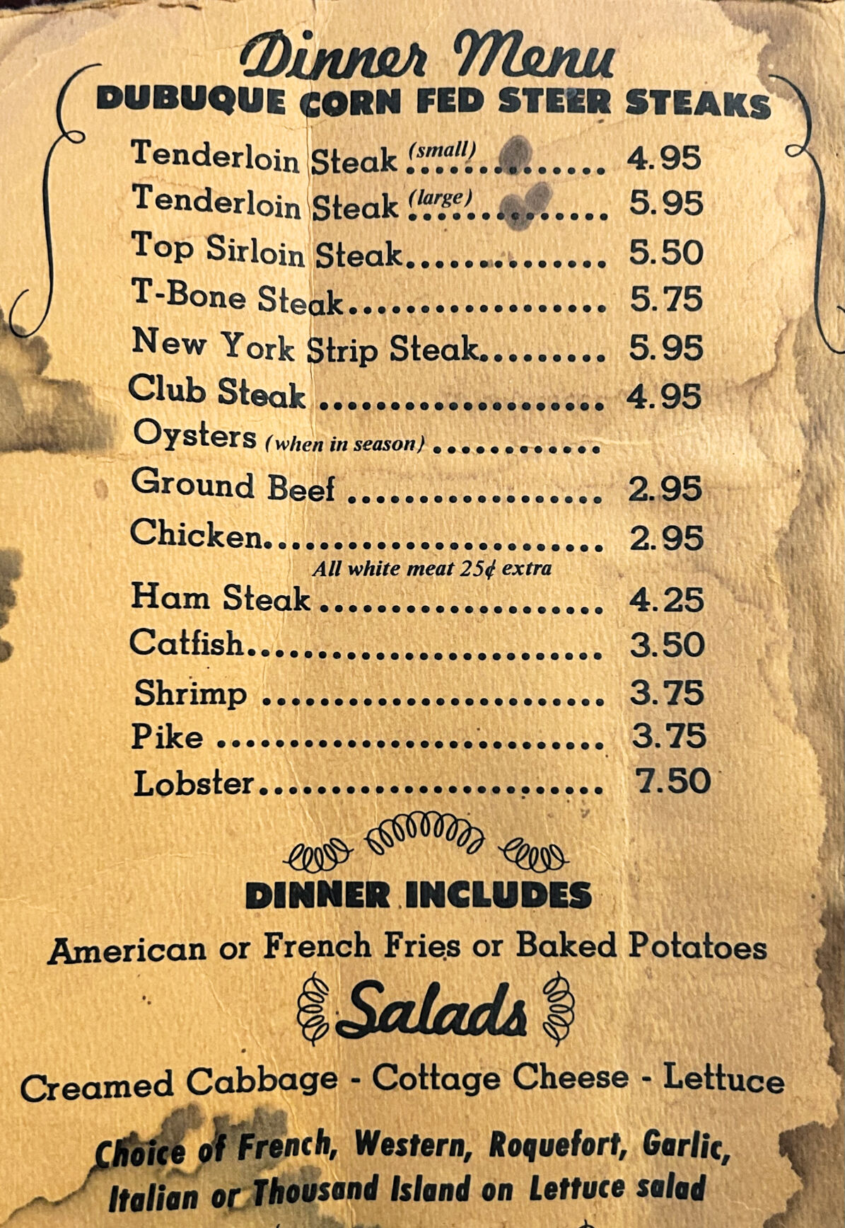 Vintage menus sit on top of a page from an old menu of The Ritz. Many of the same items remain available at the 76-year-old restaurant in Dyersville, Iowa. The prices, however, have changed.    PHOTO CREDIT: Erik Hogstrom Telegraph Herald