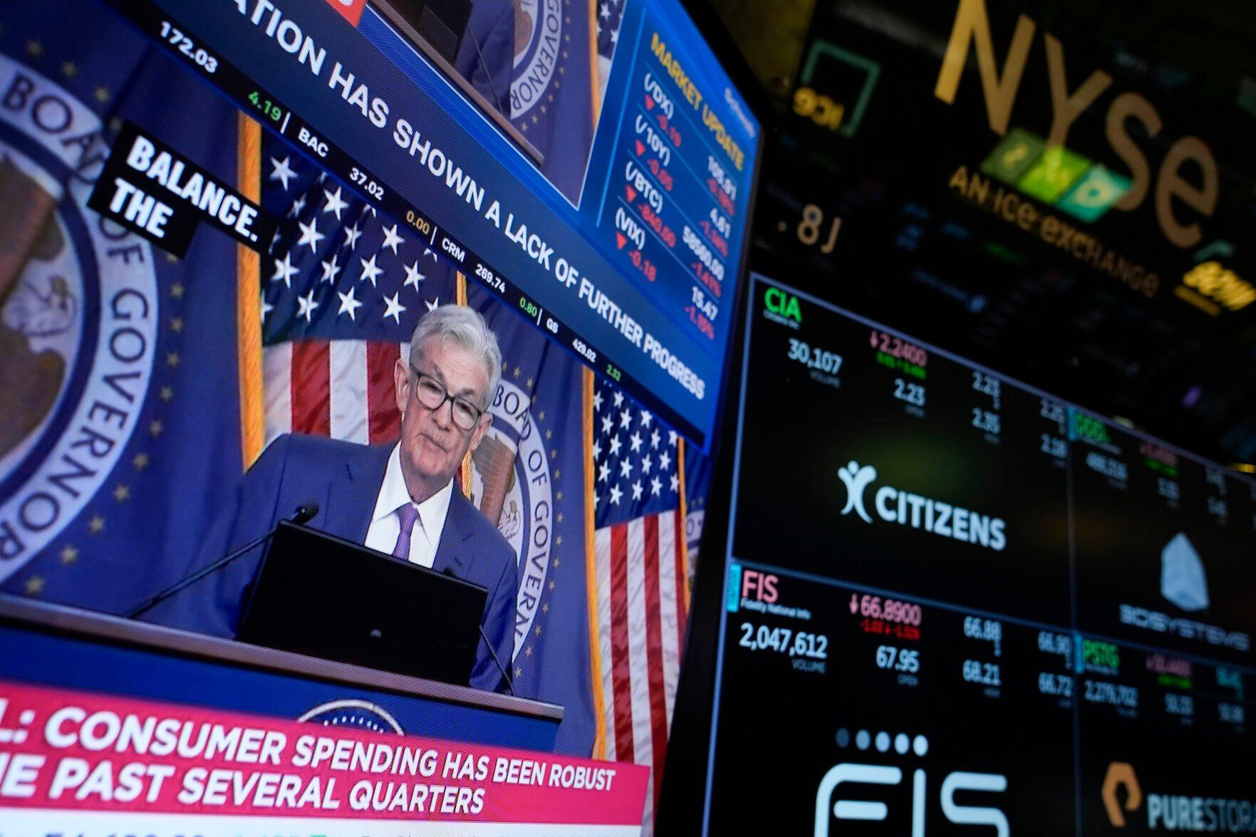 <p>FILE - A screen displays a news conference with Federal Reserve Chairman Jerome Powell on the floor at the New York Stock Exchange in New York, May 1, 2024. On Wednesday, June 12, 2024, the Federal Reserve ends its latest meeting by issuing a policy statement, updating its economic and interest-rate projections and holding a news conference with Powell. (AP Photo/Seth Wenig, File)</p>   PHOTO CREDIT: Seth Wenig