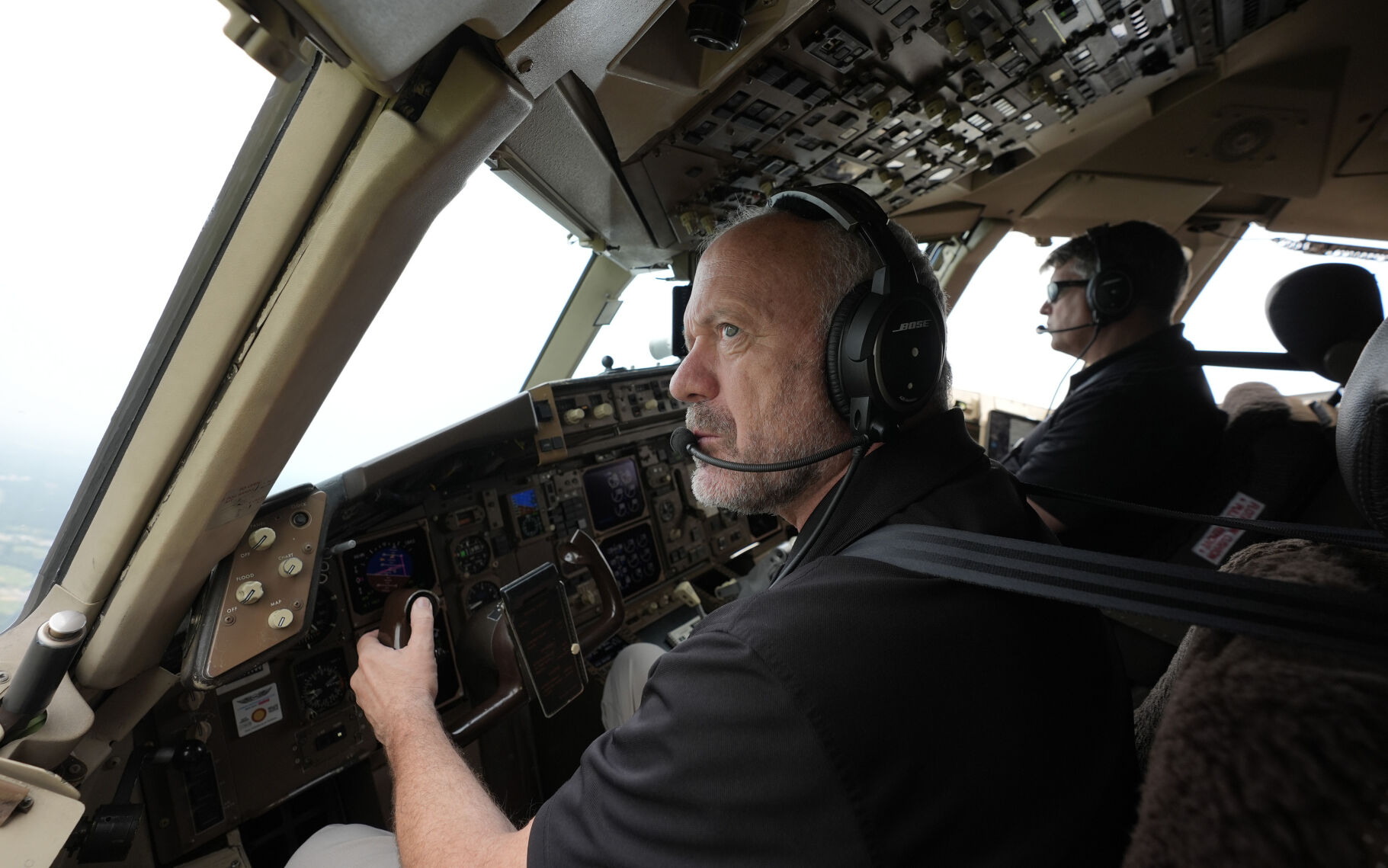 <p>Honeywell test pilots Joe Duval, left, and Clint Coatney fly a Boeing 757 test aircraft demonstrating runway hazard warning systems over the airport in Tyler, Texas, Tuesday, June 4, 2024. (AP Photo/LM Otero)</p>   PHOTO CREDIT: LM Otero