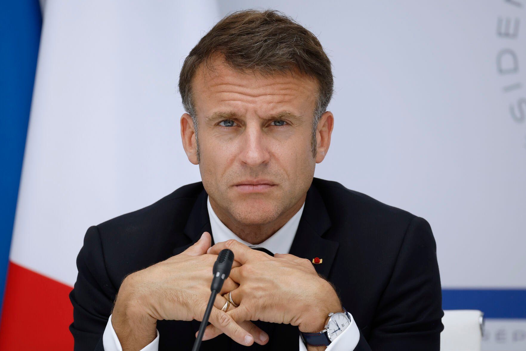 <p>French President Emmanuel Macron attends a video conference as part as the AI Summit Seoul 2024 from the Elysee Palace in Paris, Tuesday, May, 21, 2024. (Yoan Valat, Pool via AP)</p>   PHOTO CREDIT: Yoan Valat 