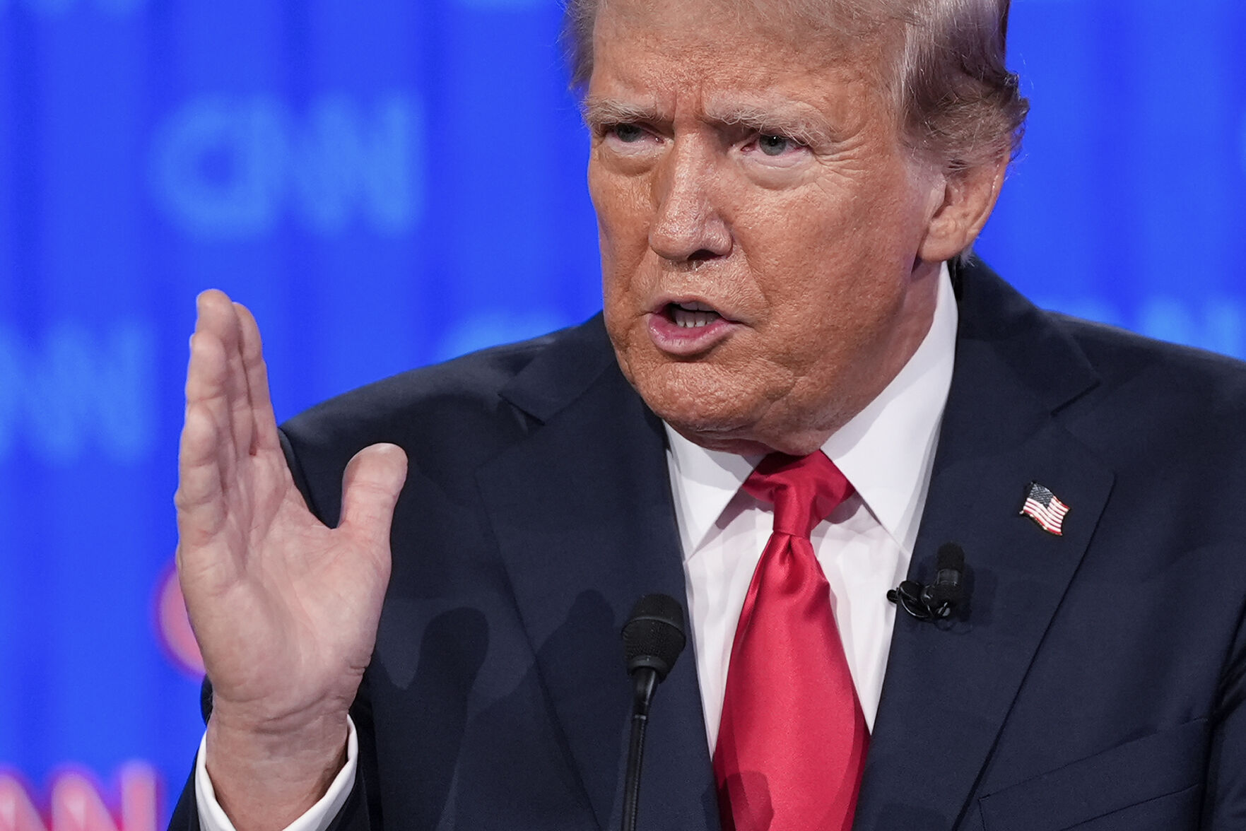 <p>Republican presidential candidate former President Donald Trump gestures during a presidential debate with Joe Biden, Thursday, June 27, 2024, in Atlanta. (AP Photo/Gerald Herbert)</p>   PHOTO CREDIT: Gerald Herbert 