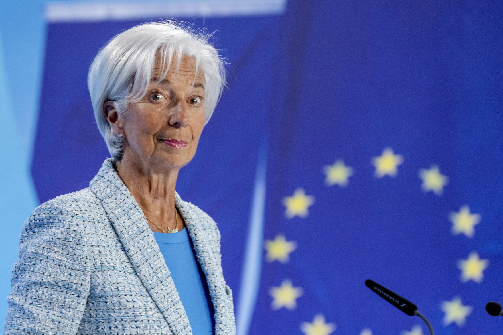 <p>FILE - President of European Central Bank Christine Lagarde attends a press conference in Frankfurt, Germany, June 6, 2024. Home buyers and businesses waiting for lower interest rates in Europe are going to have to wait a little longer as the ECB takes its time to make sure stubborn inflation is firmly under control before lowering its benchmark rate again. (AP Photo/Michael Probst, File)</p>   PHOTO CREDIT: Michael Probst - staff, ASSOCIATED PRESS