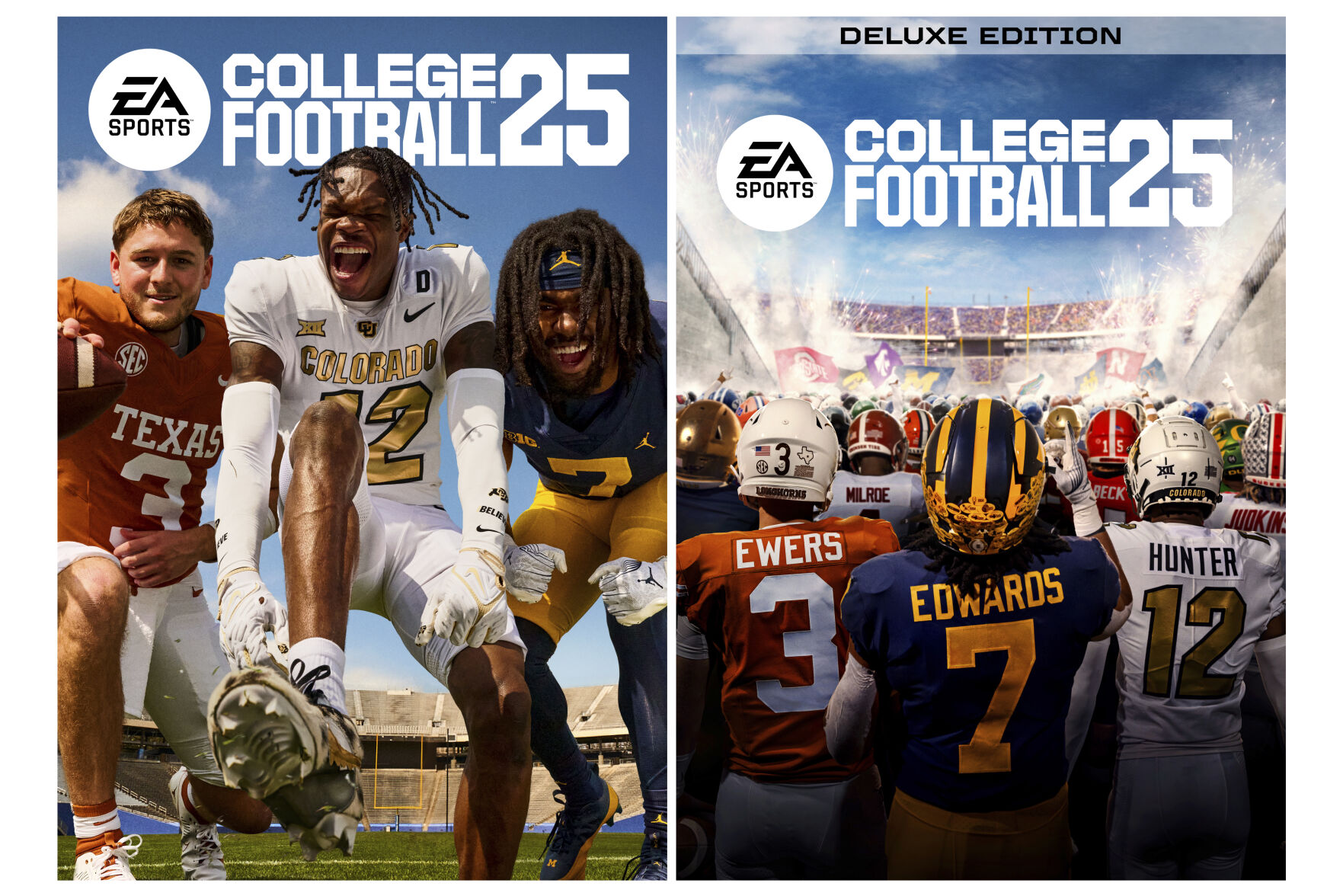 FILE - This combo of images provided by EA Sports, shows the video game covers for the new standard edition College Football 25, left, and Deluxe Edition College Football 25, featuring Texas